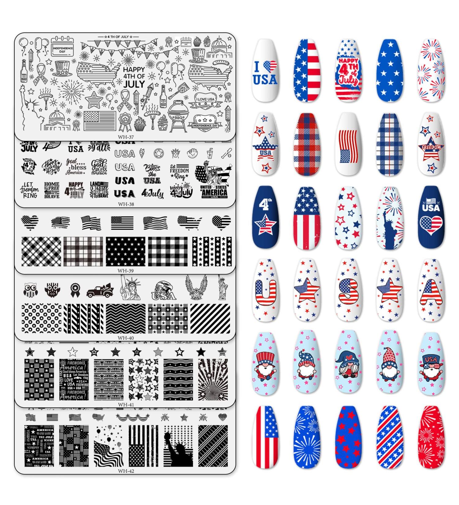 Whaline Patriotic Nail Stamping Plates - 6 Sheets American Flag Stars Gnome Images | 4th of July Nail Art for Independence Day DIY Manicure - Buy Online on GoSupps.com
