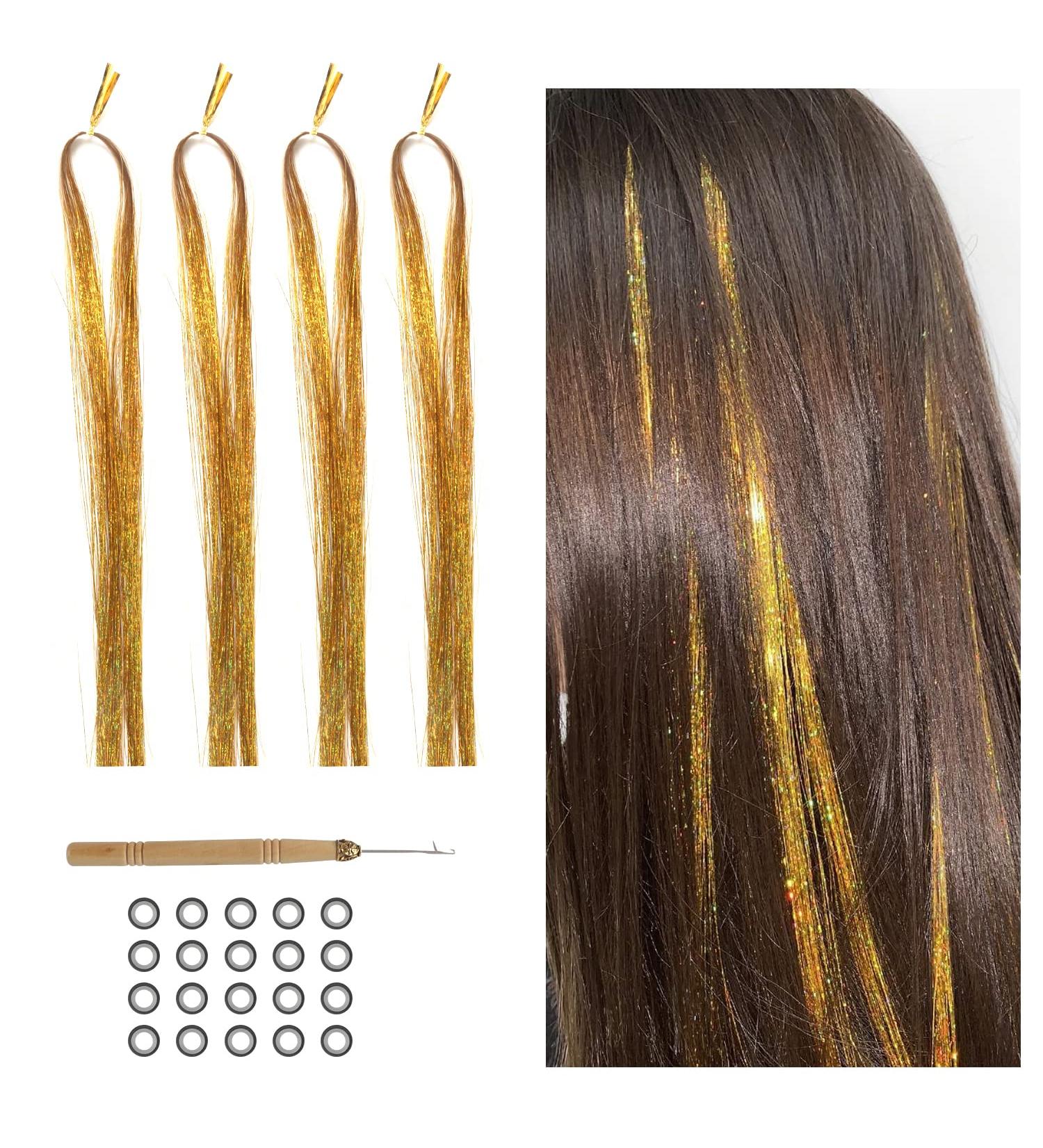 800 Glitter Hair Strands - 120cm Tinsel Extensions | Golden Lametta Hair Kit | Fairy Hair Accessories - Buy Online on GoSupps.com