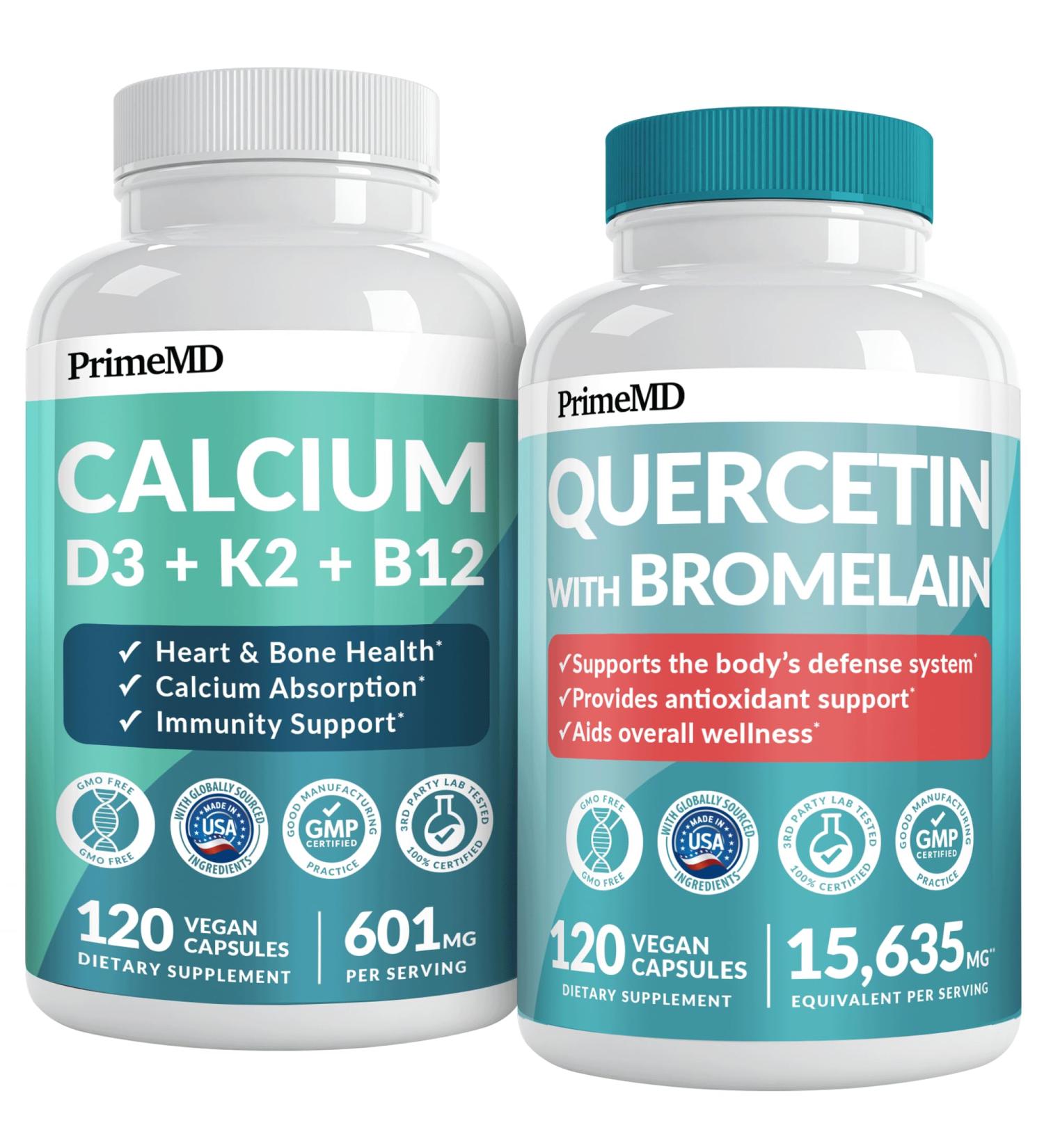 PrimeMD 4-in-1 Calcium Supplements for Women & Men or Heart Bone & Body Defenses (120 ct) & 28-in-1 Quercetin with Bromelain Supplement - Quercetin 500mg Capsules for Immune Defense Support (120 ct) - Buy Online on GoSupps.com