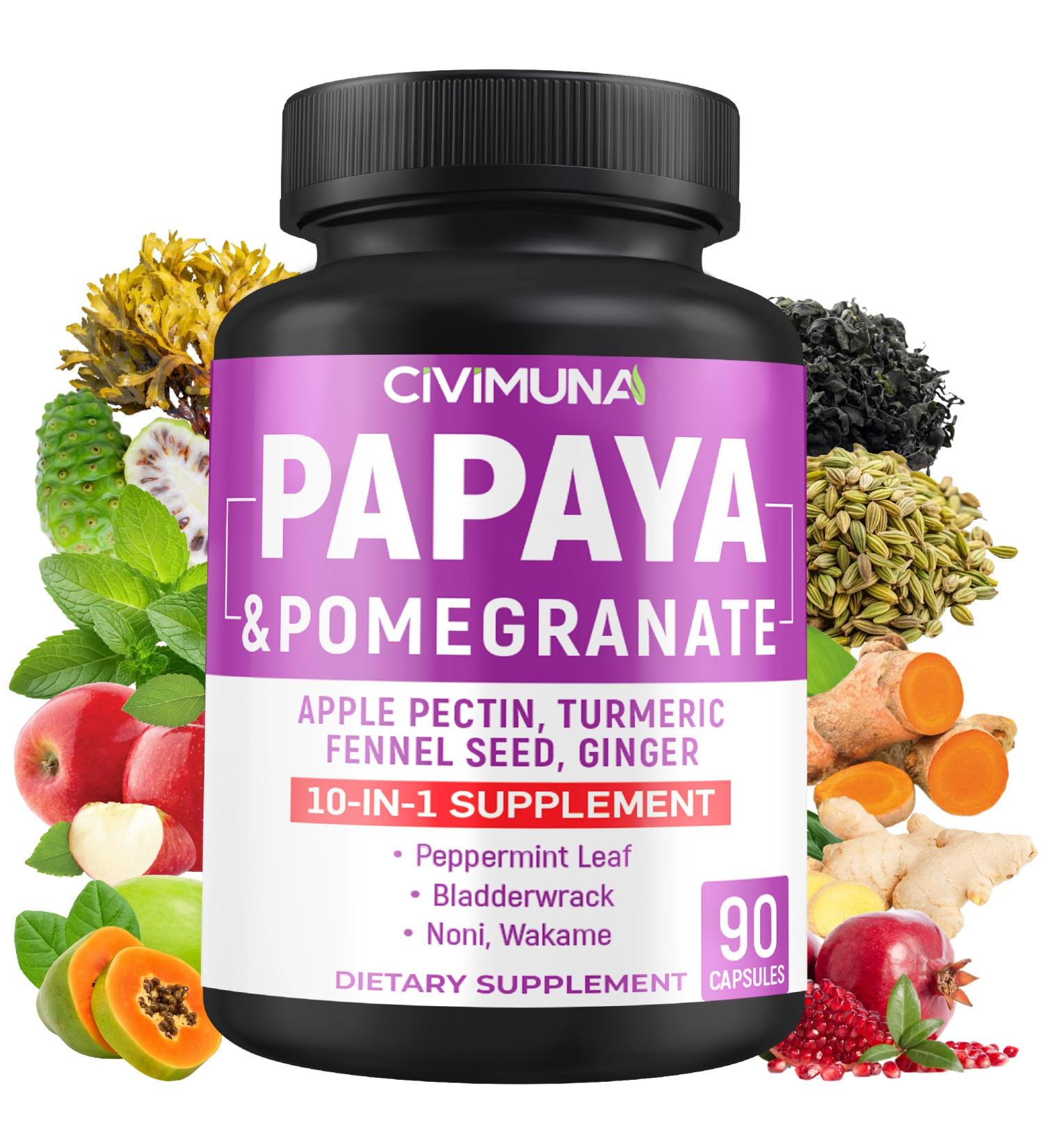 CIVIMUNA Papaya Capsules with Papaya Pomegranate Apple Pectin and More - 90 Capsules for 3 Months Supply - Buy Online on GoSupps.com