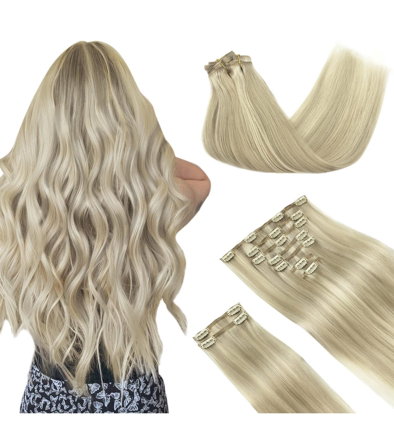 Doores Real Hair Extensions Clip - Ash Blonde Highlights Platinum Blonde 16 Inch 150g Remy Human Hair 9 Pieces - Natural Clip-In Hair Extensions - Buy Online on GoSupps.com