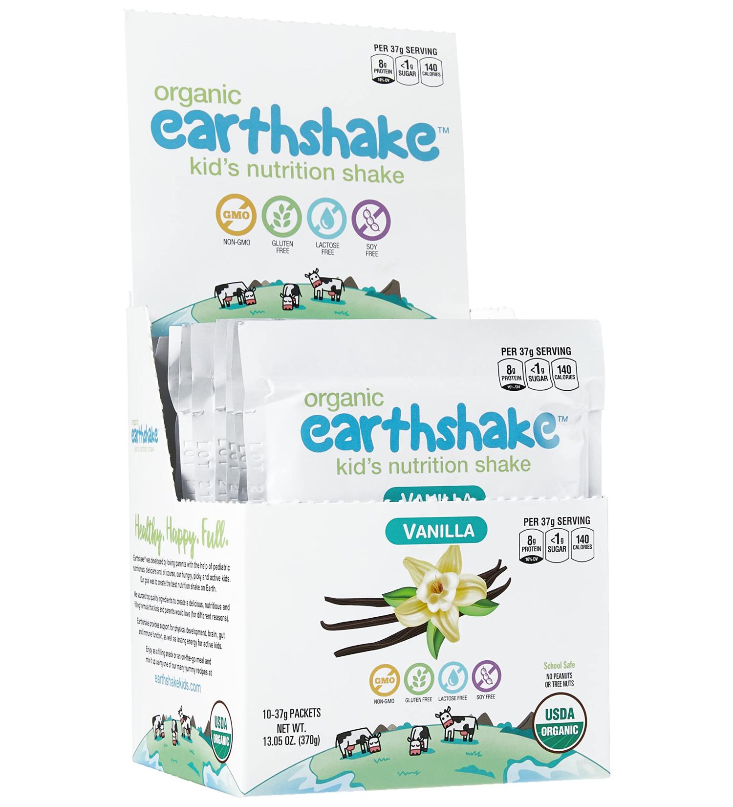 Earthshake Organic Kids Protein Nutritional Shake Vanilla - Non GMO, Lactose Free, Soy Free, Gluten Free - 10 Count Pack of 1.3 oz Pouches - Less than 1g Sugar Per Serving - Amazing Taste - All Ages 2 & Up - Buy Online on GoSupps.com