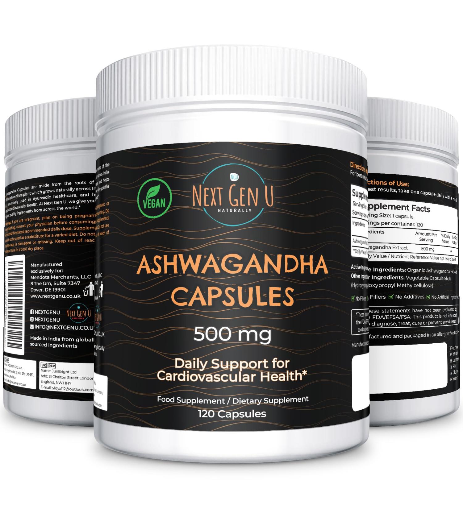 NGU Ashwagandha 500mg Strength 120 Capsules Dietary Supplement for Stress & Anxiety Relief - Withanolides for Restful Sleep & Focus | Men & Women - Buy Online on GoSupps.com