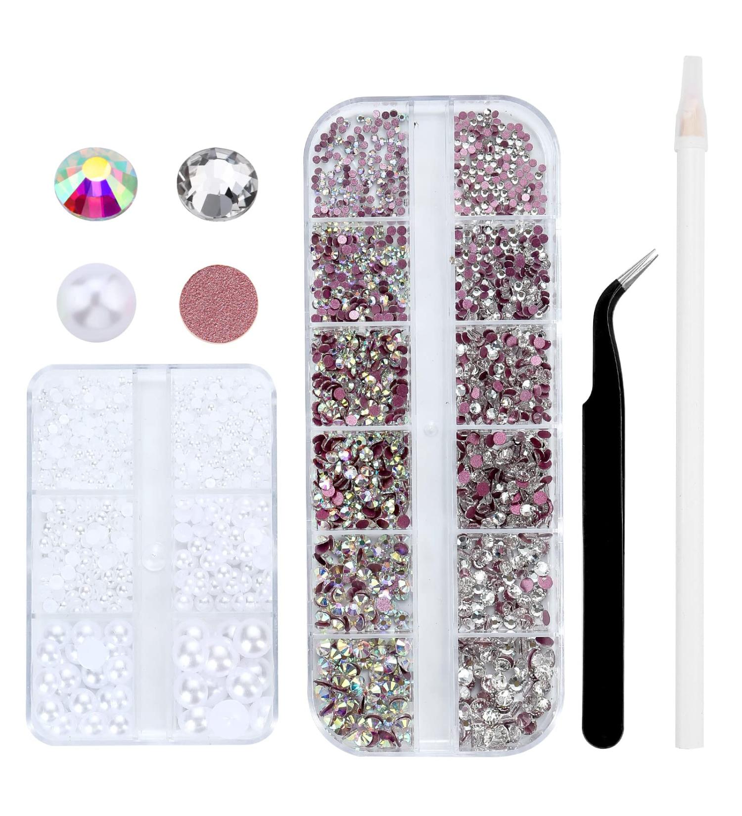 1500PCS Nail Art Rhinestones & 230PCS Pearls Kit - Flat Back Gems in 6 Sizes with Picker Pen & Tweezer - White/WhiteAB Gold Flat - Nail Dimonties for Nails - Buy Online on GoSupps.com
