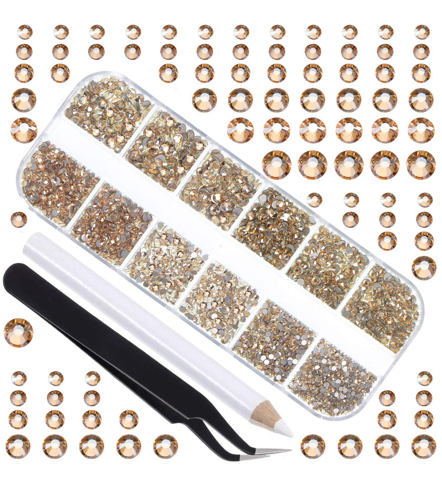 Champagne Flat Back Round Crystal Rhinestones Set - 3456 Pieces in 6 Sizes for Crafts, Nails, Art, Makeup - With Tweezers and Picking Pen - SS4-12 - Buy Online on GoSupps.com