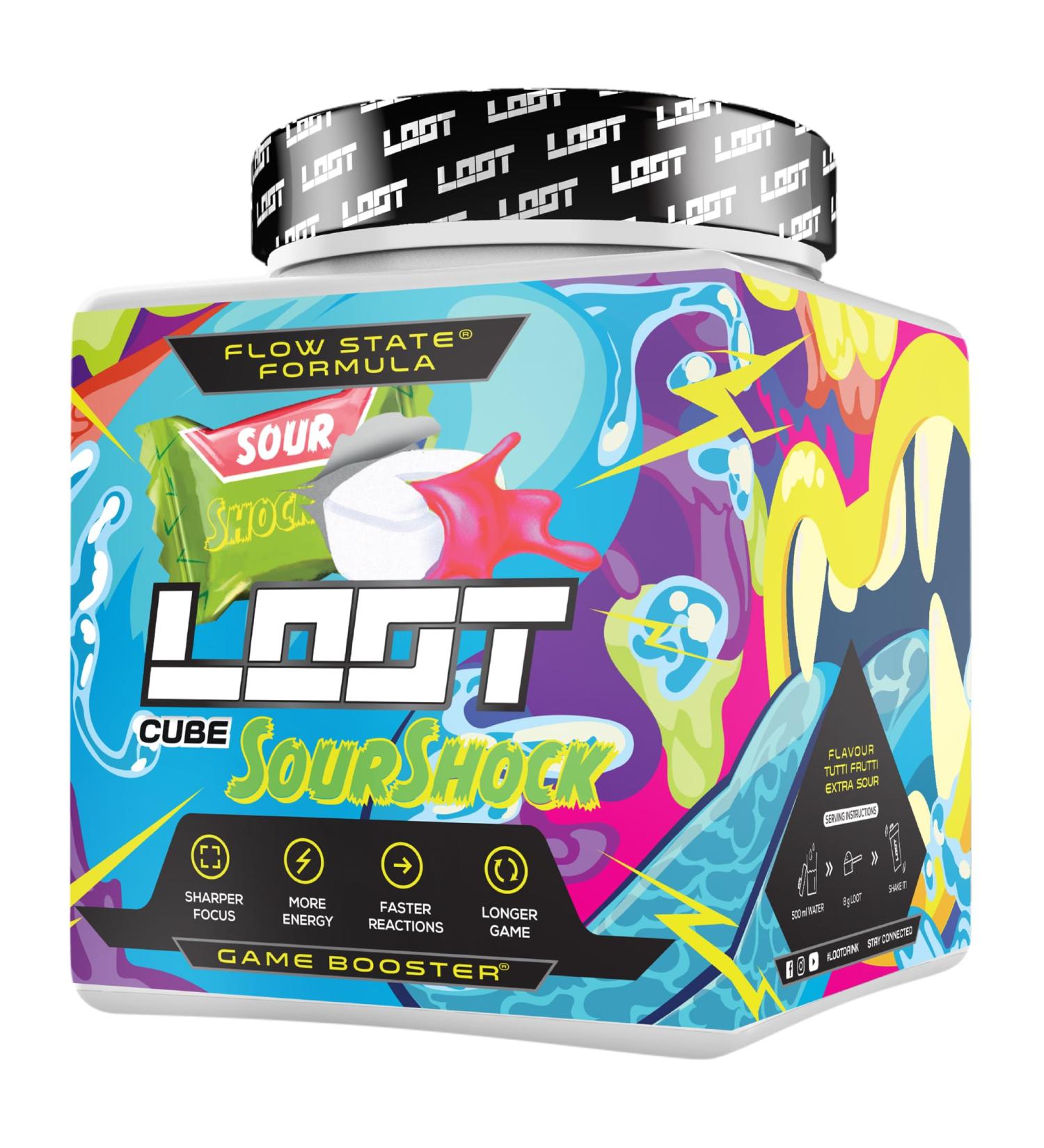 Loot Game Booster - Enhance Concentration & Endurance | 50 Servings (400g) | Caffeine & 20 Unique Ingredients | Flow-State Formula - Sour Shock - Buy Online on GoSupps.com