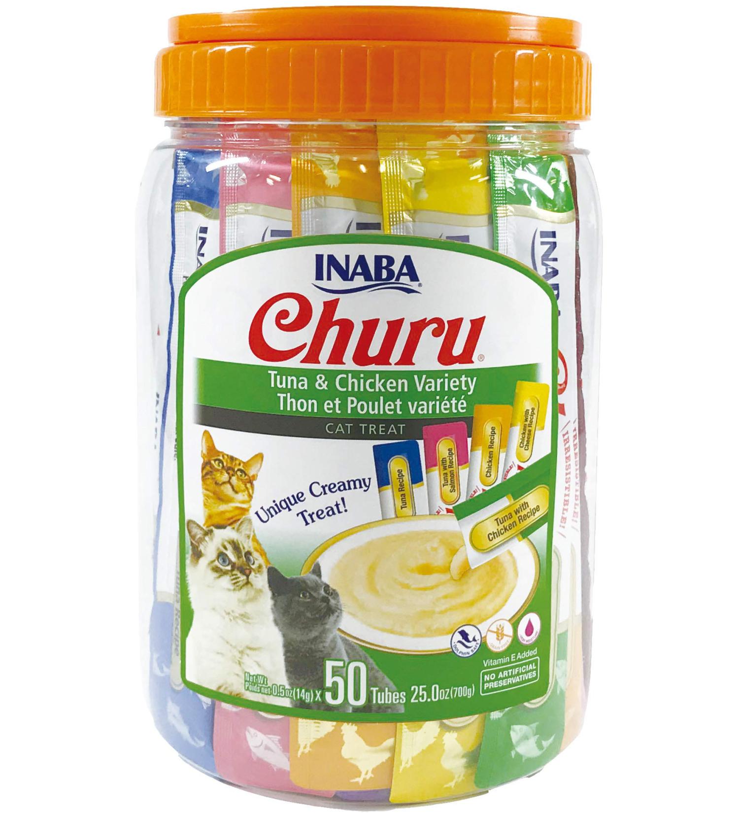 INABA Churu Cat Treats Variety Pack - Grain-Free Creamy Pure Treats with Taurine & Vitamin E - Tuna and Chicken Flavors - 50 Tubes, 0.5 oz Each - Buy Online on GoSupps.com