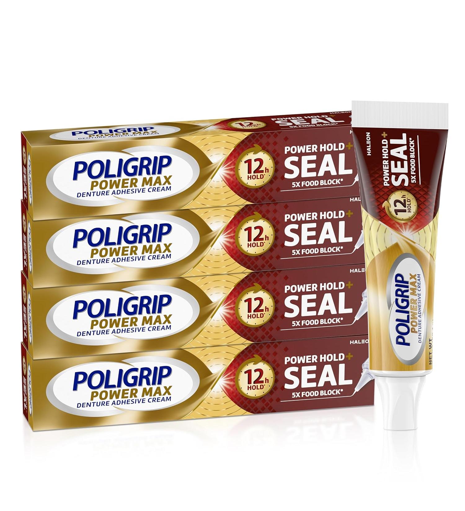 Poligrip Power Max Denture Adhesive Cream - Secure Hold & Food Seal - 2.2 oz (Pack of 4) - Buy Online on GoSupps.com