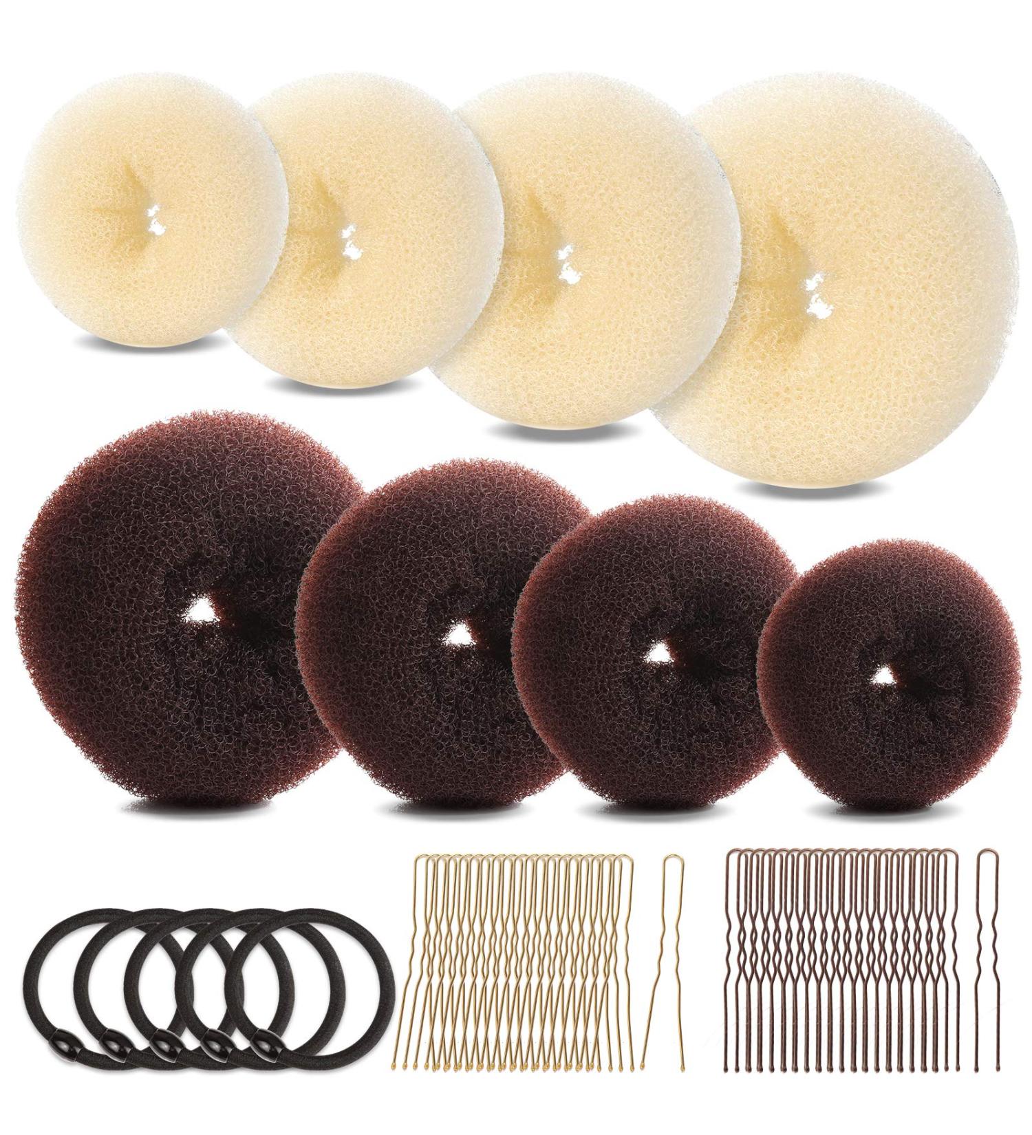 FANDAMEI Hair Bun Maker Set with 8 Donut Bun Makers, Hair Elastic Bands, and Bobby Pins - Dark Brown and Beige Assortment - Buy Online on GoSupps.com