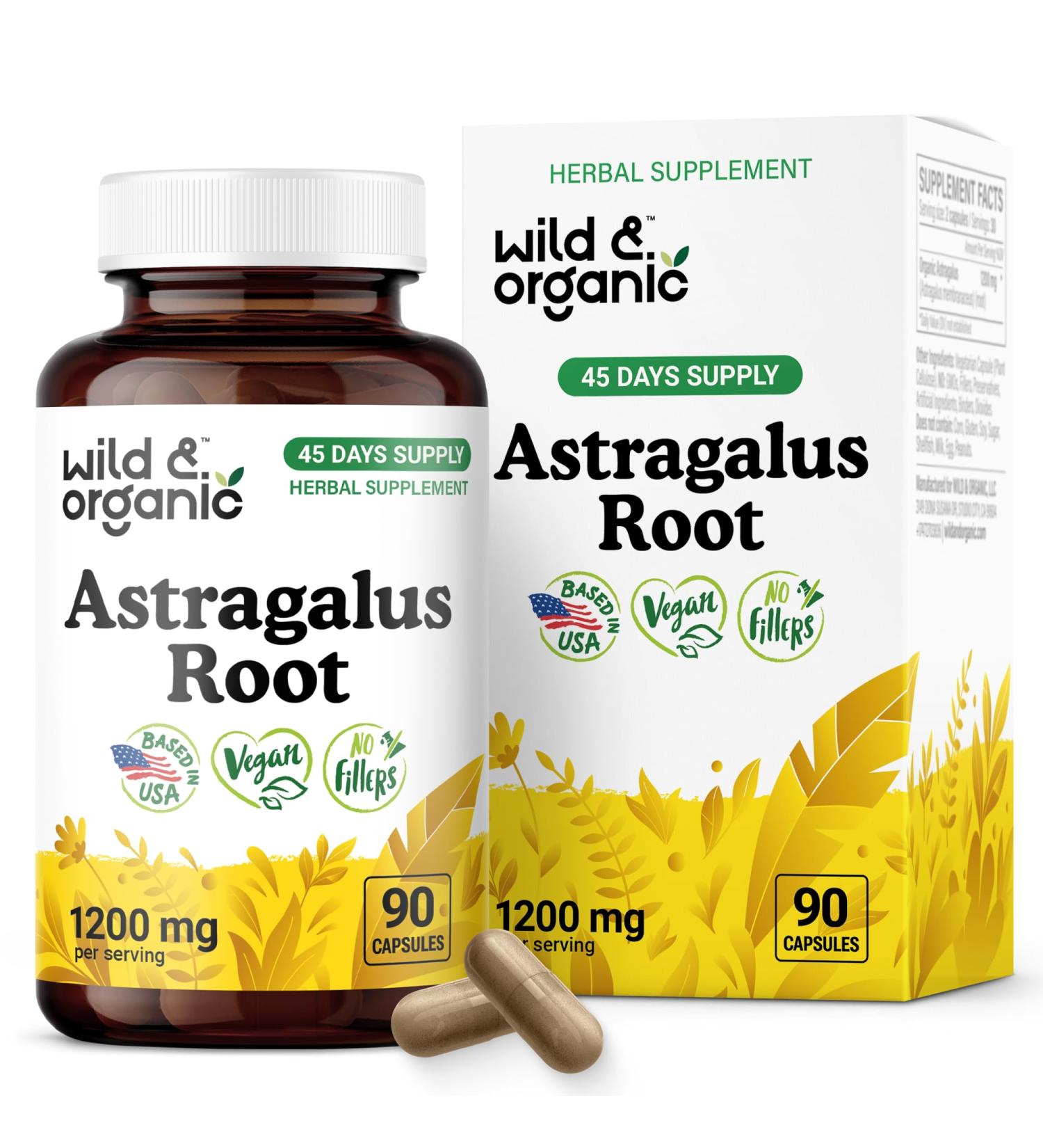 Wild & Organic Astragalus Capsules 1200 mg - Immune Support - Astragalus Root Powder Supplement - 45 Days of Supply - Vegan No Fillers Non-GMO - 90 Count 90 Count (Pack of 1) - Buy Online on GoSupps.com