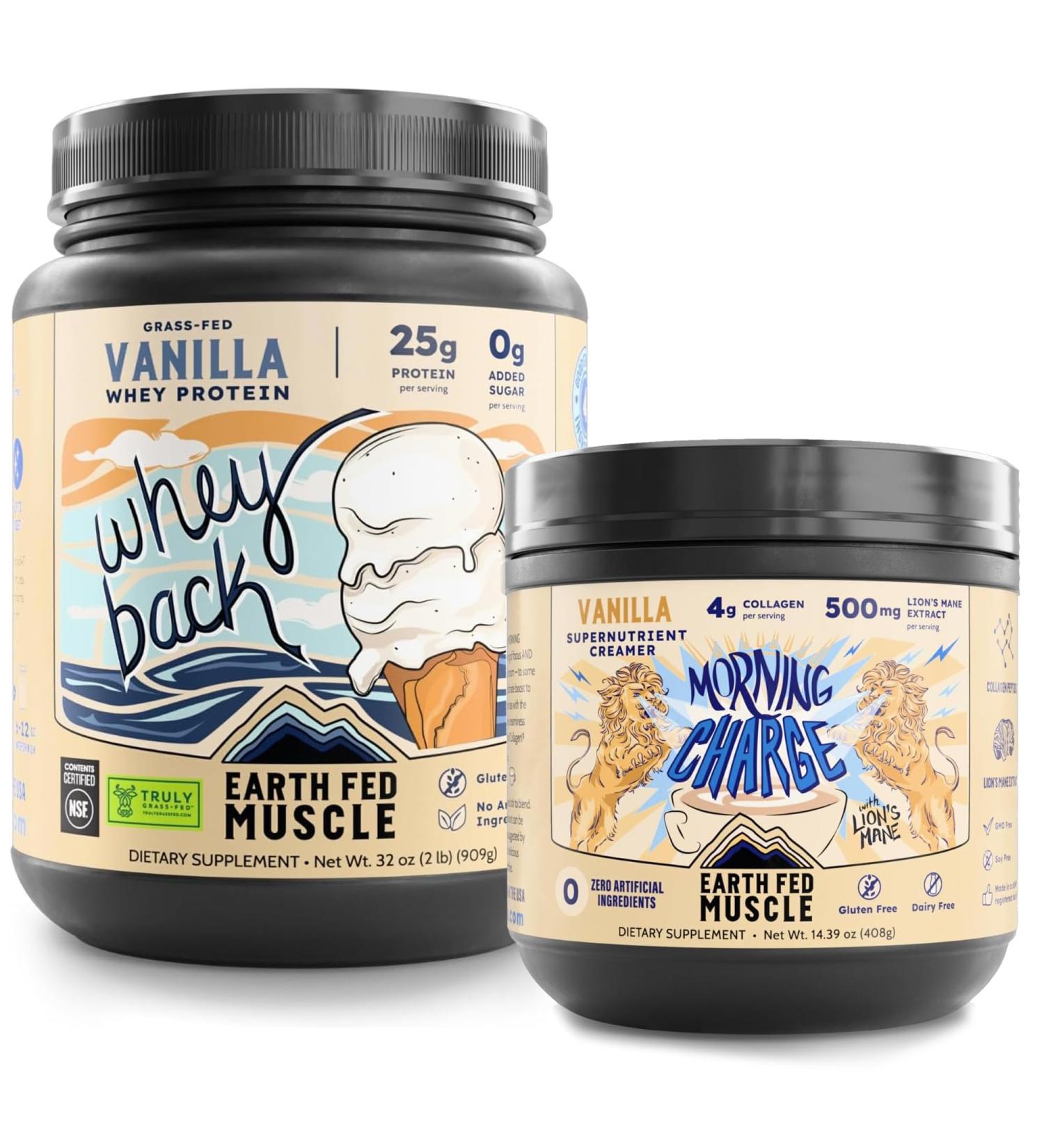 Earth Fed Muscle Vanilla Grass Fed Whey & Morning Charge Supernutrient Creamer