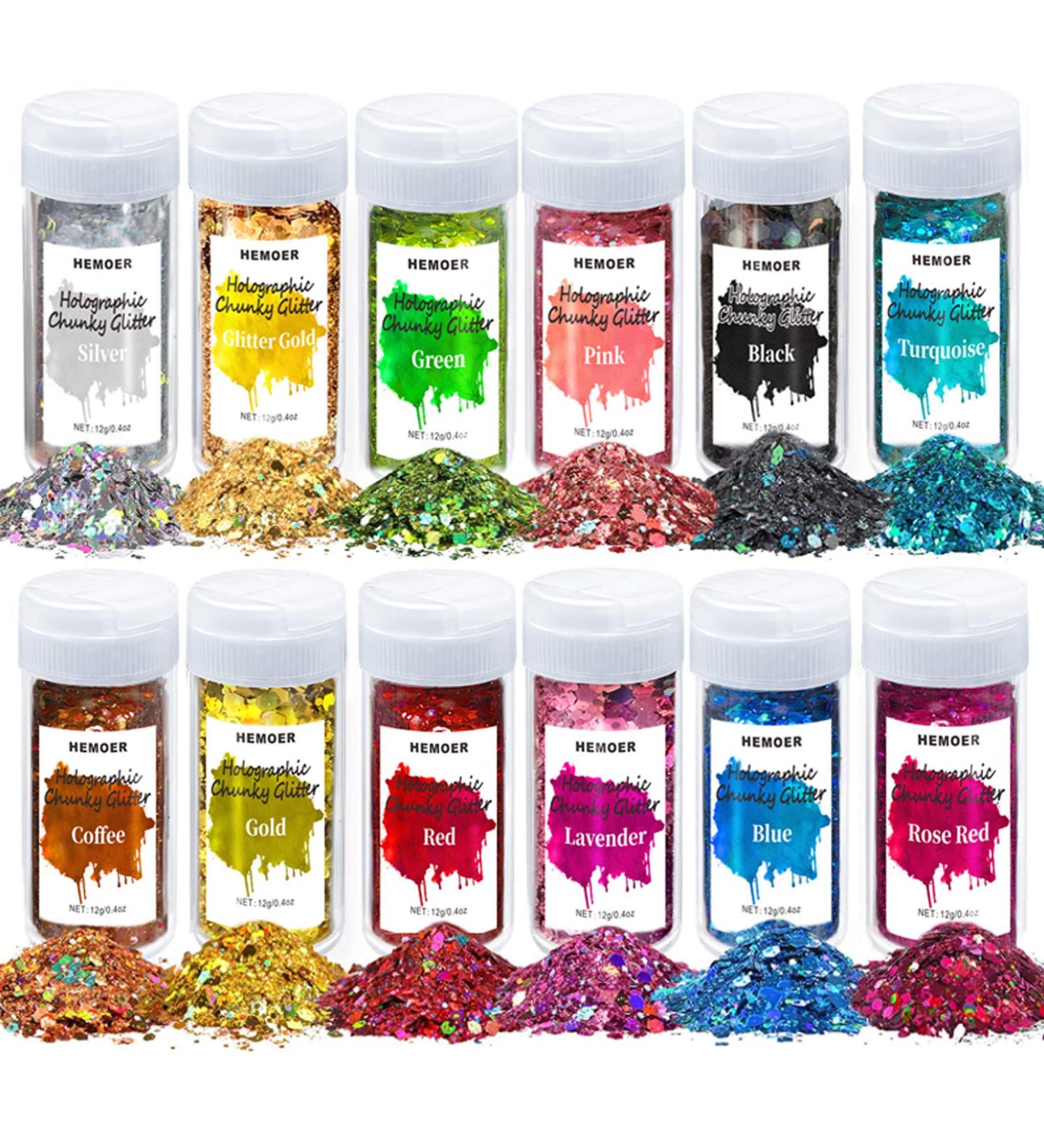 Holographic Chunky Glitter Set - 12 Colors Sparkle Sequins for Epoxy Resin, Body, Face, Nail, Slime & Party Decoration - 0.42oz Bottles - Buy Online on GoSupps.com