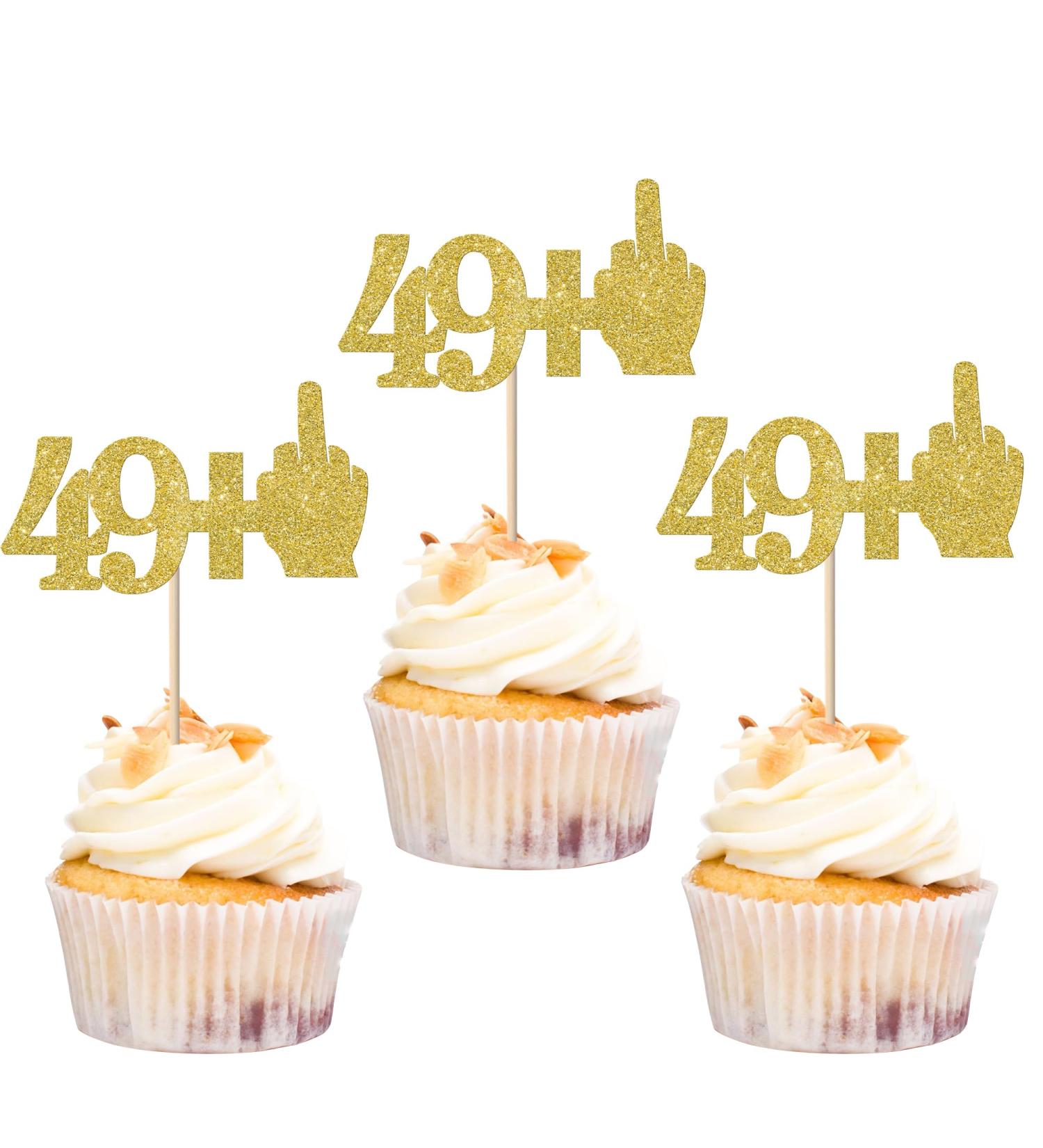 Rsstarxi 24 Pack Middle Finger 49+1 Cupcake Toppers Glitter 50th Birthday Cupcake Toppers Funny Cheers to 50 Fabulous Cupcake Picks Decors for 50th Birthday Anniversary Party Cake Decorations Gold Gold 50