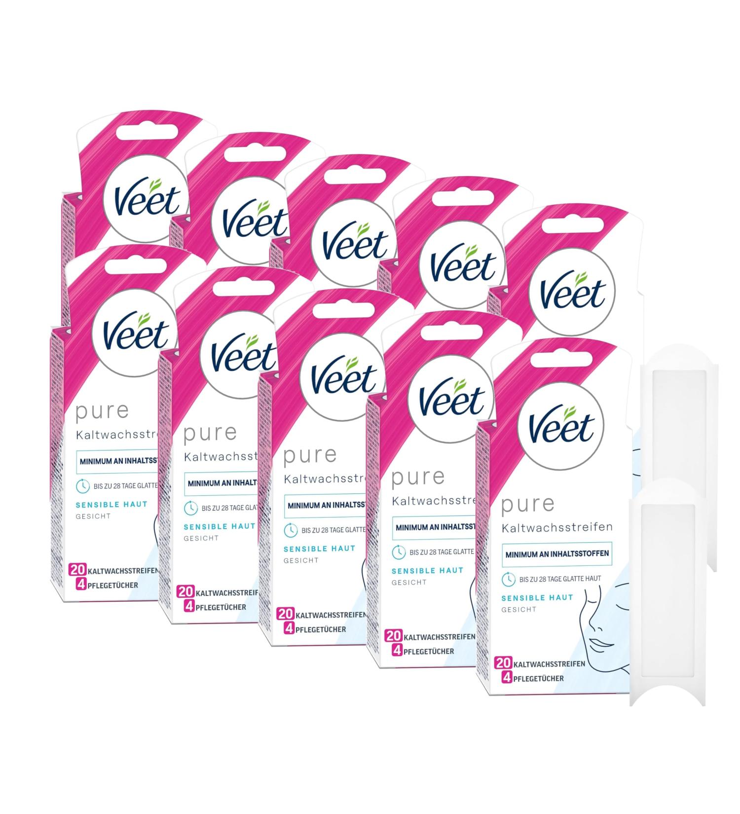 Veet Pure Cold Wax Strips for Sensitive Skin - Face Application - 28 Days Smooth Skin - 10 Double Strips (20 Applications) - 12 Pack - International Shipping - Buy Online on GoSupps.com