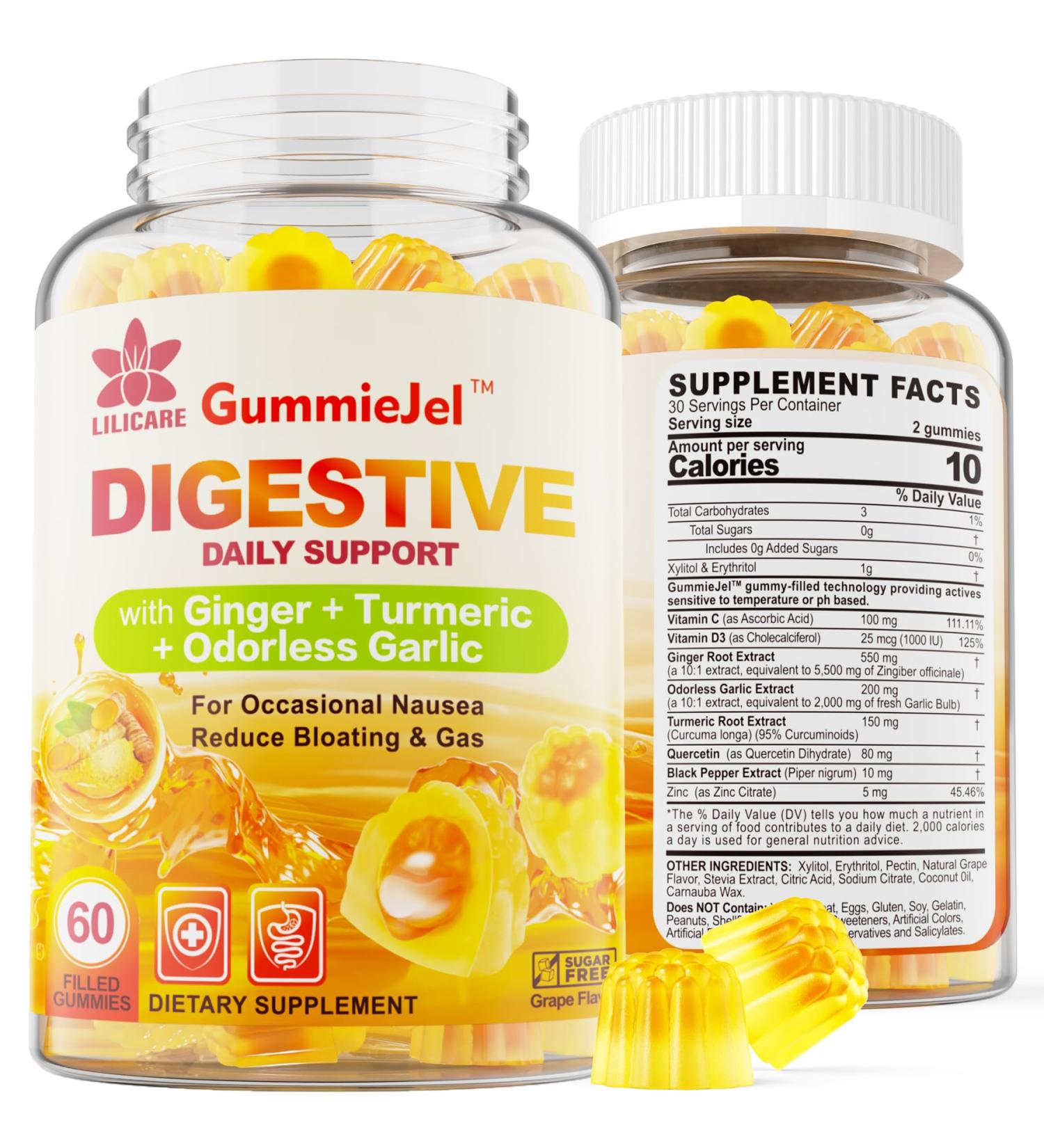 Sugar Free Ginger & Garlic Nausea Relief Gummies - Digestive Support with Turmeric, Quercetin, Vitamin D3 & C for Occasional Bloating & Gas - Buy Online on GoSupps.com