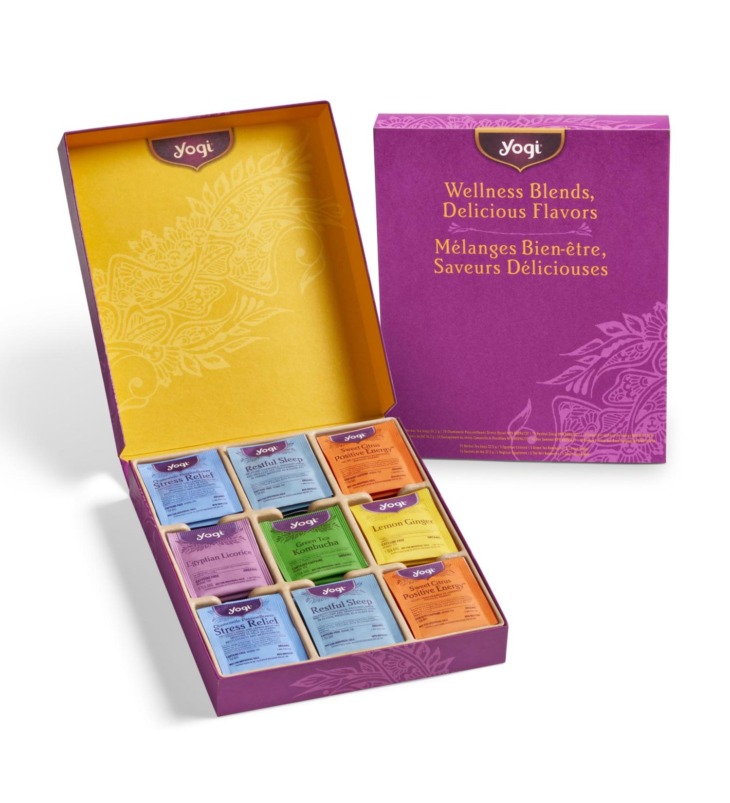 Yogi Canada Organic Tea Sampler Gift Box - Assorted Delicious Wellness Teas - 6 Favorite Herbal Green & Black Teas - Tea Gift Set & Variety Pack (45 Tea Bags) - Buy Online on GoSupps.com