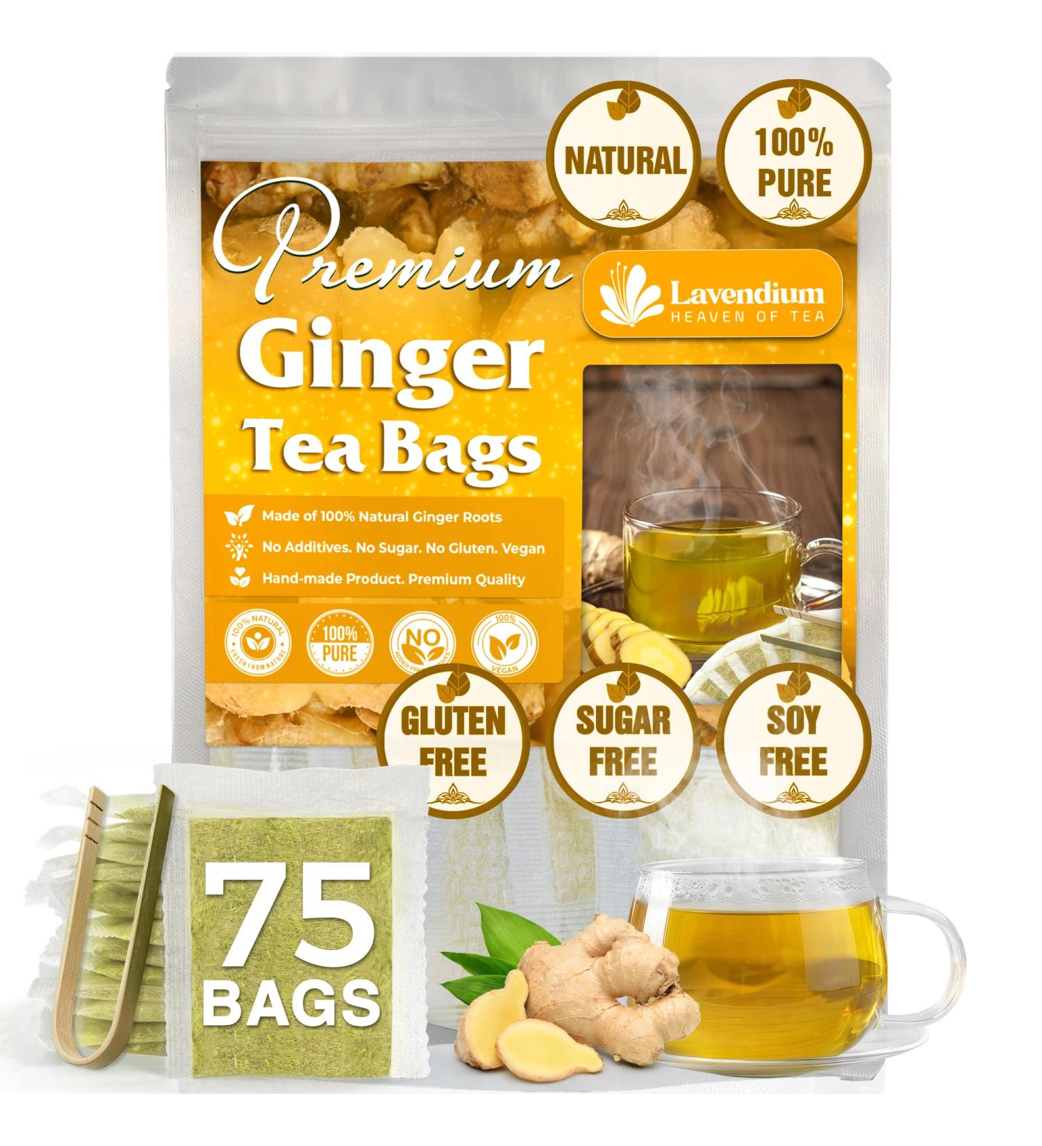 Lavendium Premium 75 Ginger Tea Bags 100% Natural & Pure from Ginger. Ginger Herbal Tea. Ginger Tea. No Sugar No Caffeine No Gluten Vegan. - Buy Online on GoSupps.com