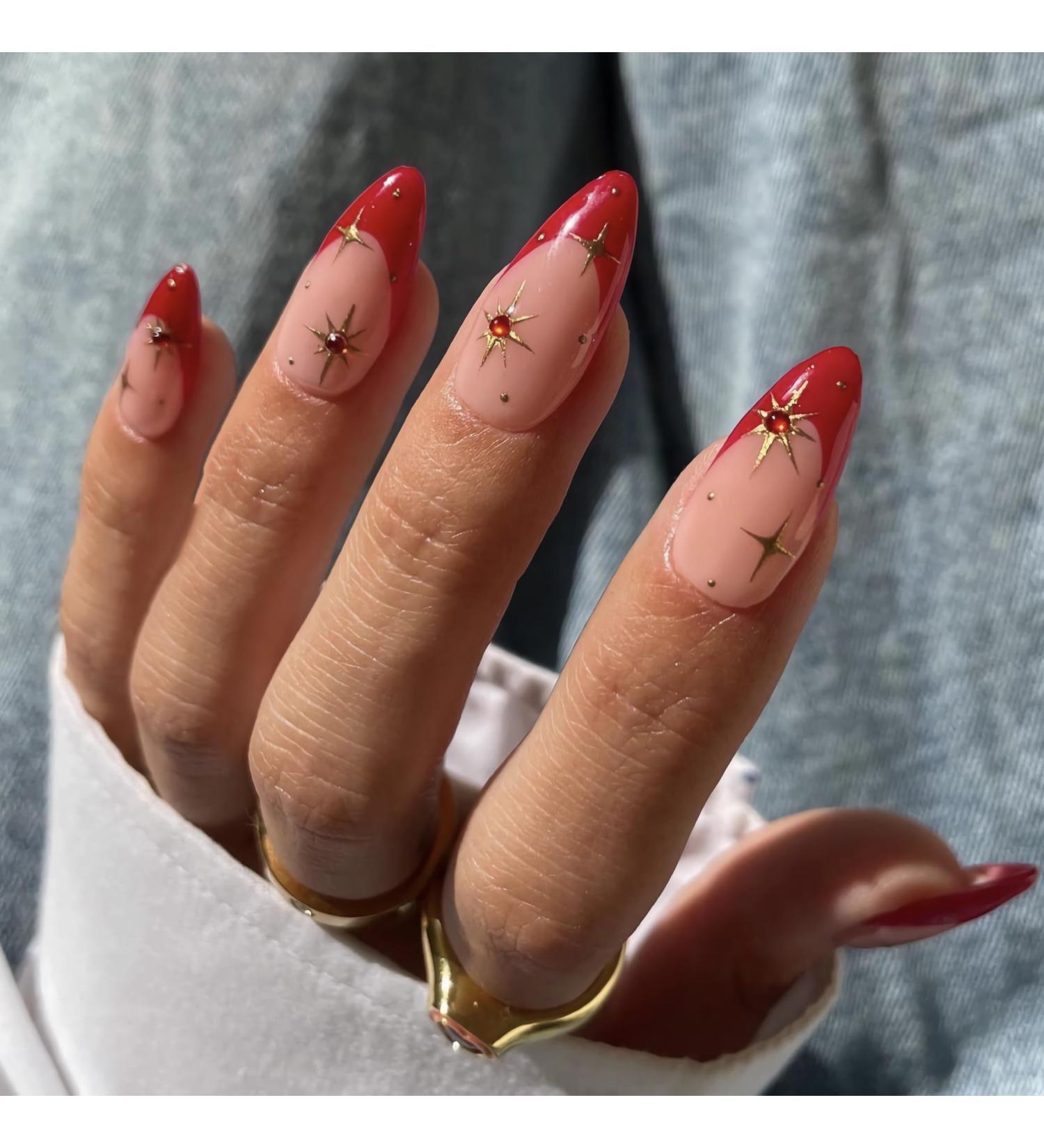Buy BABALAL Medium Almond French Tip Press on Nails - 24pcs Red Rhinestone Acrylic Glossy Stiletto - International Shipping Available - Buy Online on GoSupps.com
