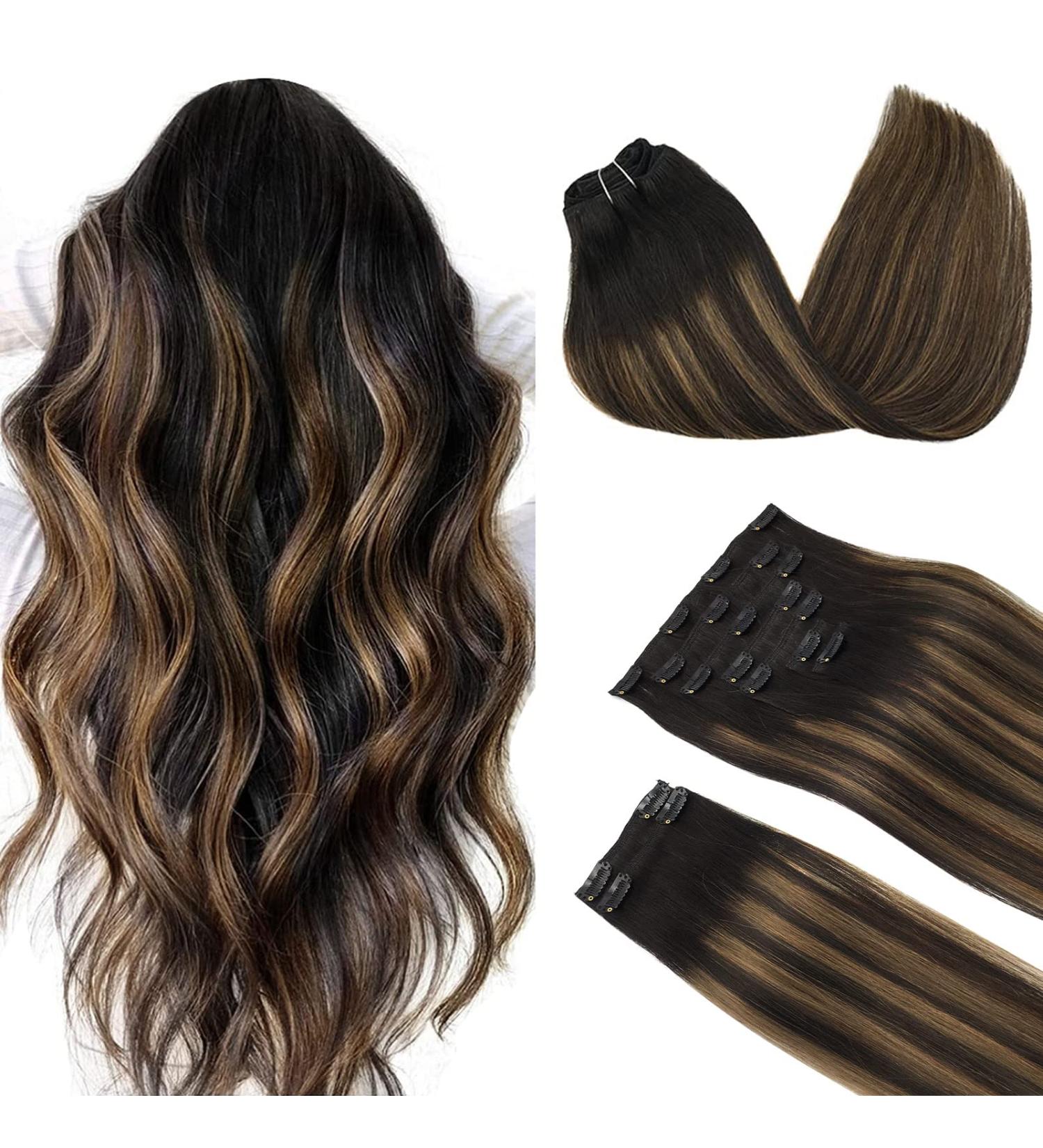 Doores Clip-In Real Hair Extensions - 50cm Balayage Natural Black to Chestnut Brown - 9 Pieces 150g Remy Hair - #1B/6/1B - Buy Online on GoSupps.com