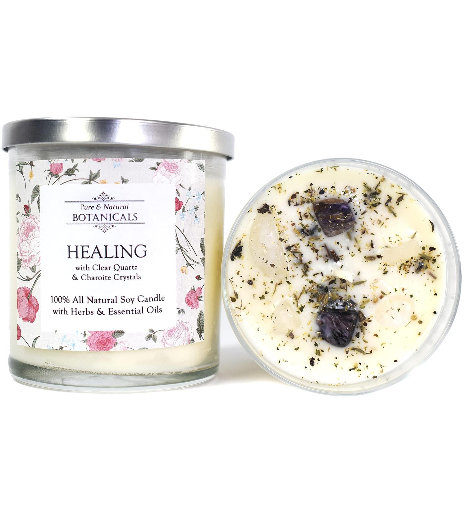 Healing Pure & Natural Soy Candle 10 oz 100% Natural & Non Toxic with Crystals Lavender Thyme & Chamomile Herbs & Essential Oils Wiccan Pagan Magick & Spirituality