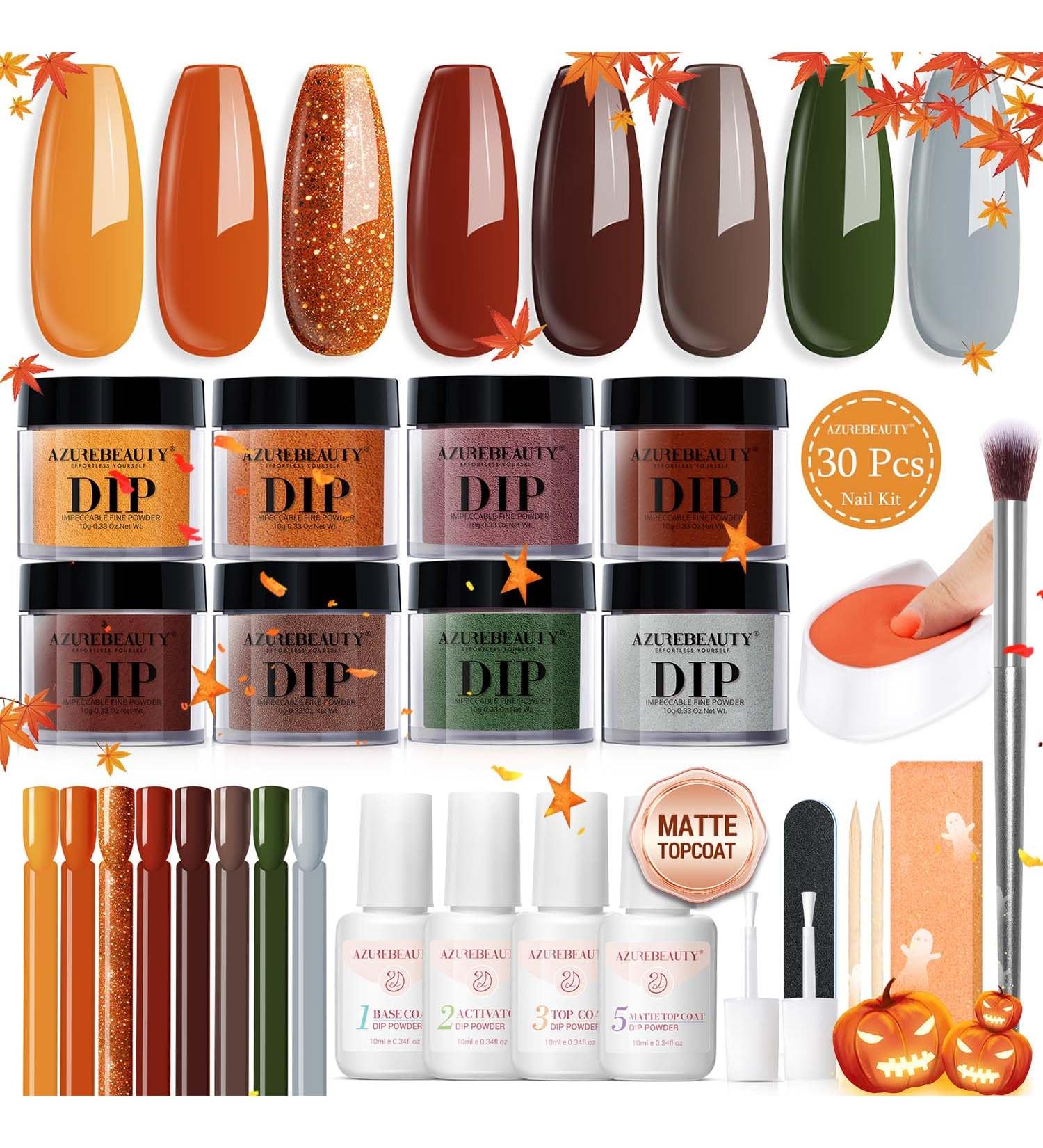 AZUREBEAUTY Dip Nails Powder Starter Kit - 8 Colors Set with Top Coat & Activator | DIY Nail Art for Fall - Maple Grey Sage Green + Amber Glitter - Buy Online on GoSupps.com