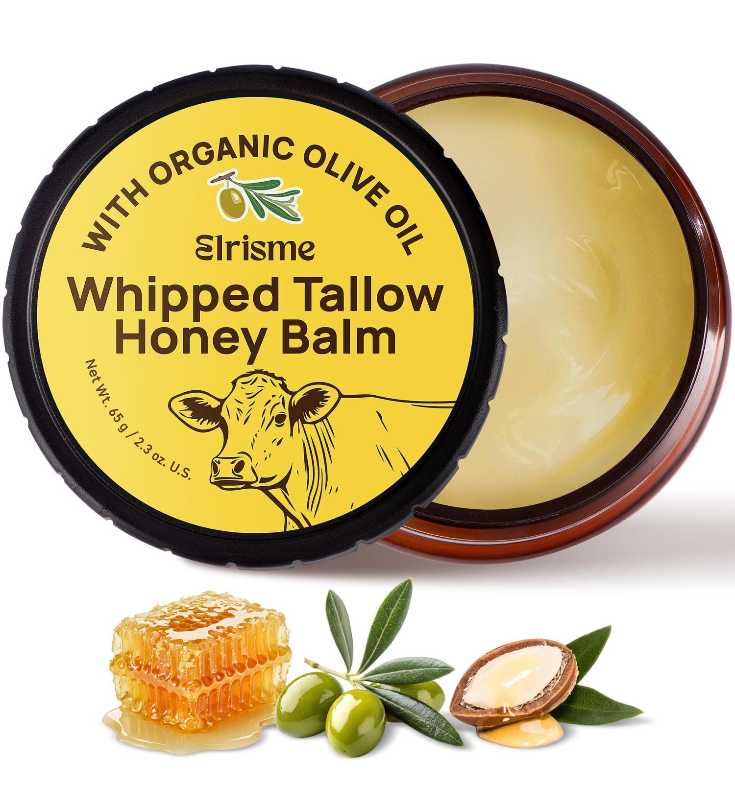 Grass-Fed Beef Tallow for Skin: Whipped Tallow and Honey Balm Organic Face Moisturizer & Body Butter Deep Nourishment Cream for Dry Cracked Sensitive Skin Herb 1.8 oz