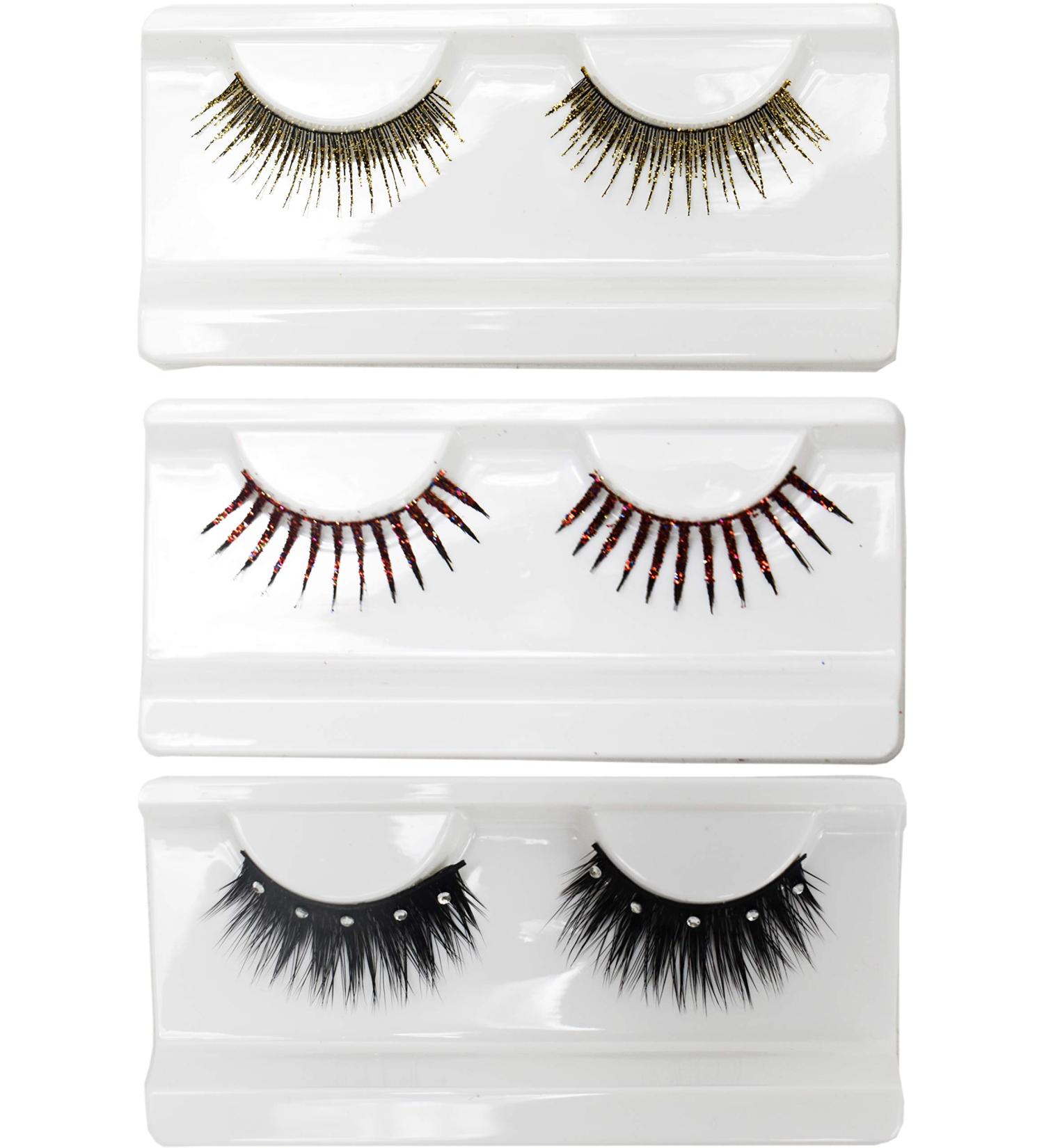 Set of 3 False Lashes! Incredible Lengths! Extra Long Lashes! Perfect for Halloween Photo-shoots Parties and More! (Gold Red Black)