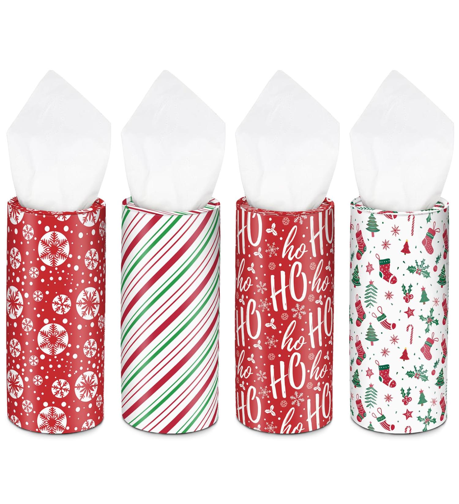 HUNKEN Christmas Round Car Tissue Holder - Festive Bulk Facial Tissues Holiday Decor for Cup Holders - Set of 4 Decorative Cylinders (Snowflakes Ho Ho Ho Candy Cane Stripes Holiday Icons) 4 Pcs - Buy Online on GoSupps.com
