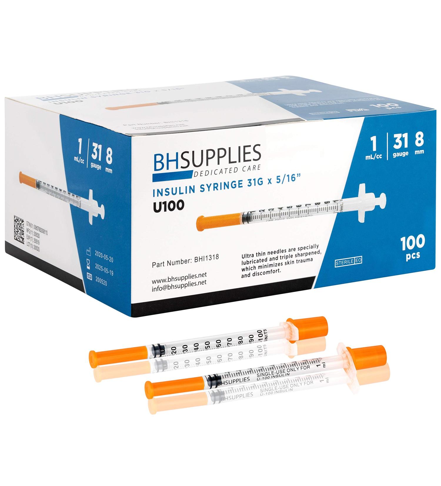 BH Supplies Insulin Syringes U-100 31G 1ml/cc 5/16" (8mm) Pack of 100 Pcs