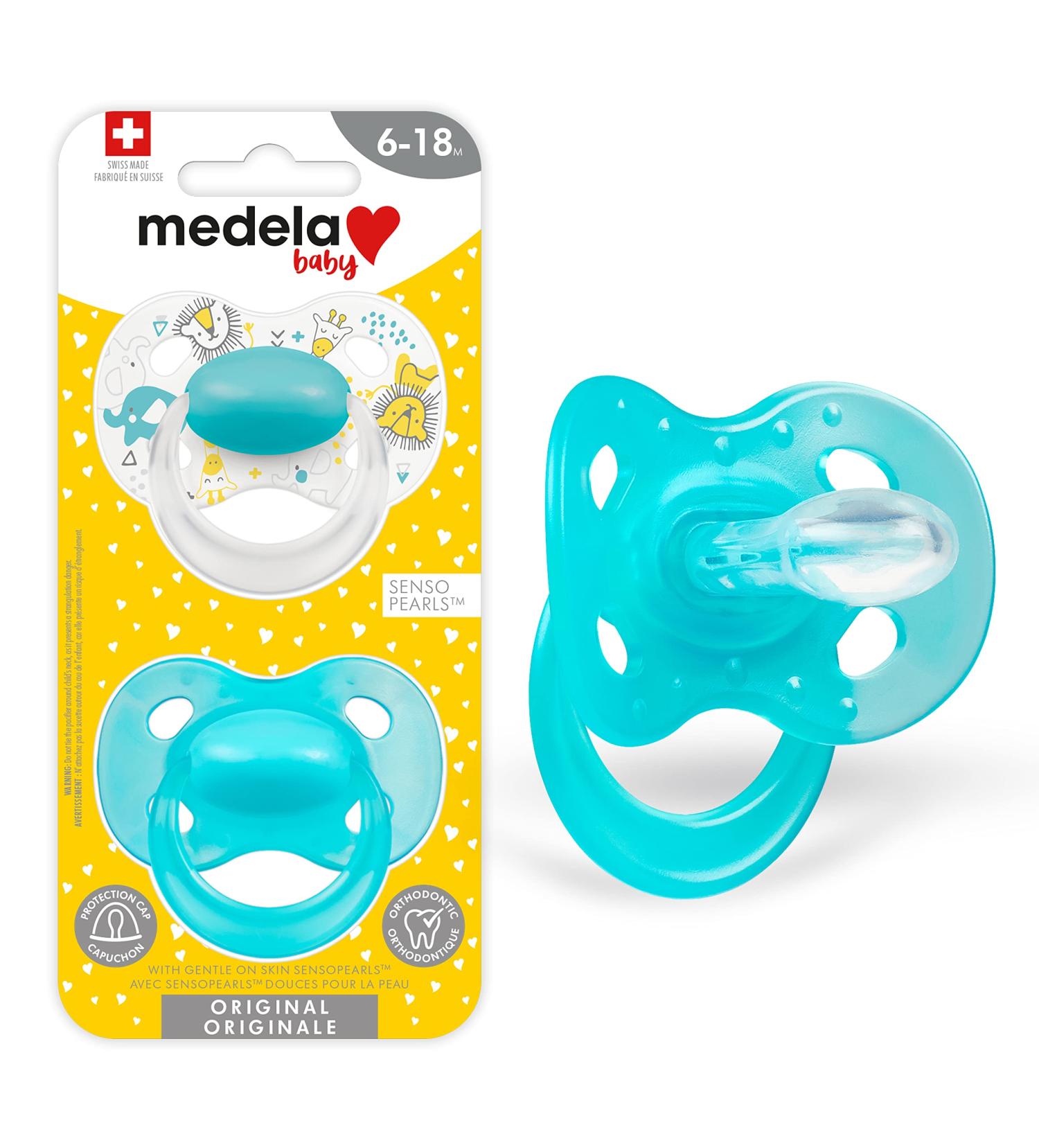 Medela Baby Pacifier | 6-18 Months | BPA-Free | Lightweight & Orthodontic | 2-Pack | Turquoise Blue and White with Baby Animals - Buy Online on GoSupps.com
