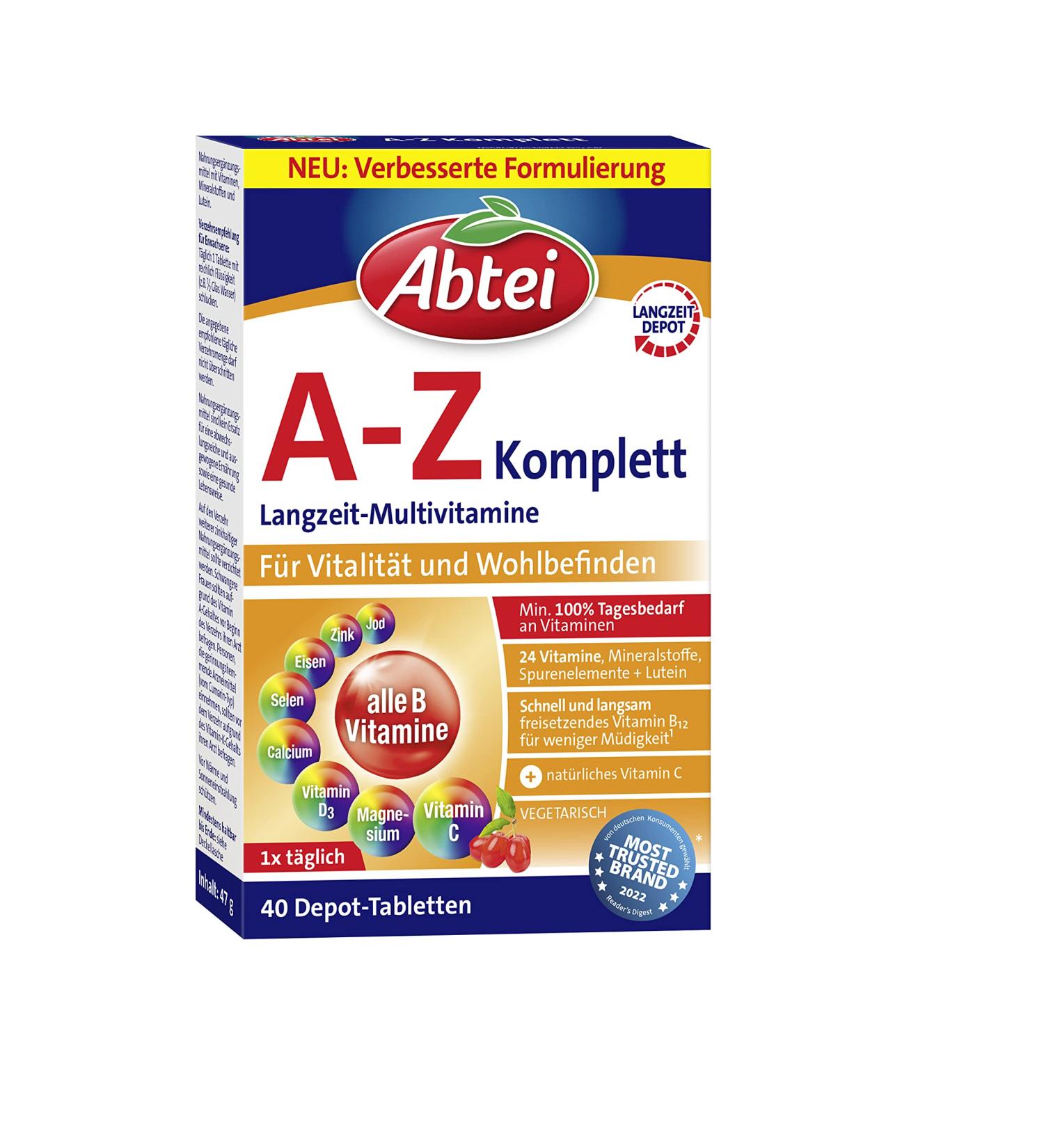 Abbey A-Z Complete Long-Term Multivitamin 24 High-Dose Vitamins & Minerals Vegetarian Lab Tested 40 Cherry Depot Tablets (1 Pack) for Optimal Health - Buy Online on GoSupps.com