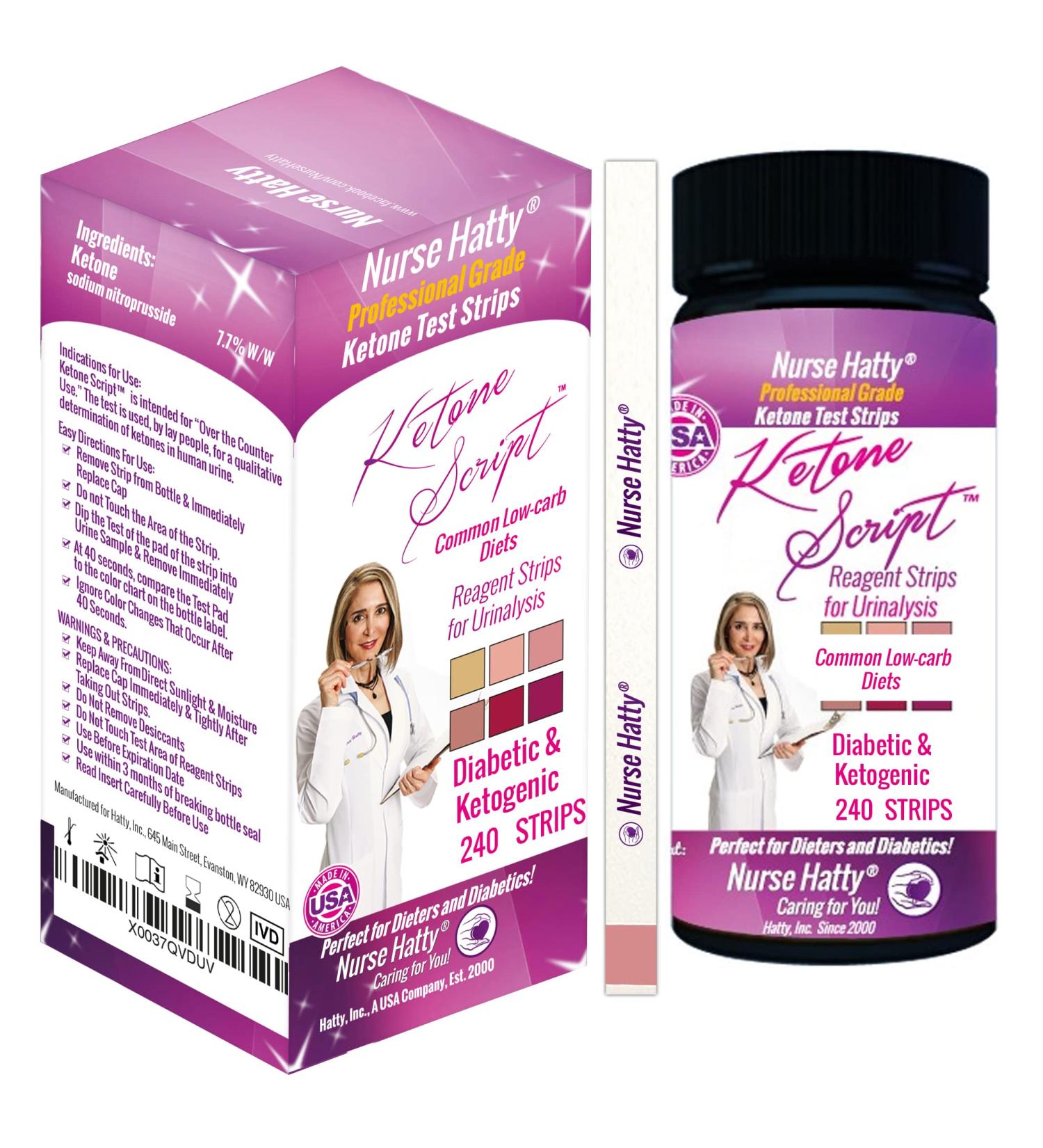 Nurse Hatty 240ct. Ketone Test Strips for Common Low-carb Diets - URS-1K (Ketone Test) Urinalysis  Also for People with Diabetes & Diabetics - Ketone Script - Extra-Long Strips