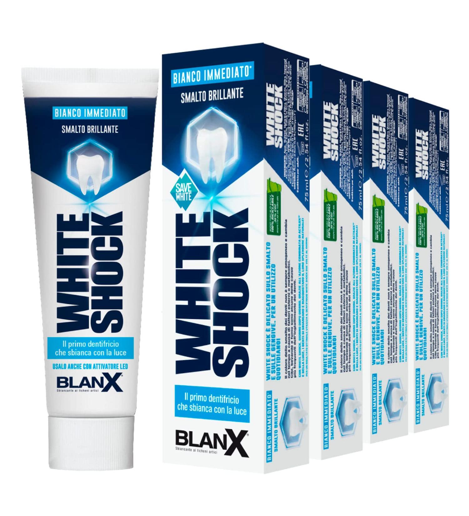 BLANX 4 x BlanX White Shock Delicate Teeth Whitening Toothpaste on Gum and Varnish with ActiluX Technology - 4 x 75ml Bottles