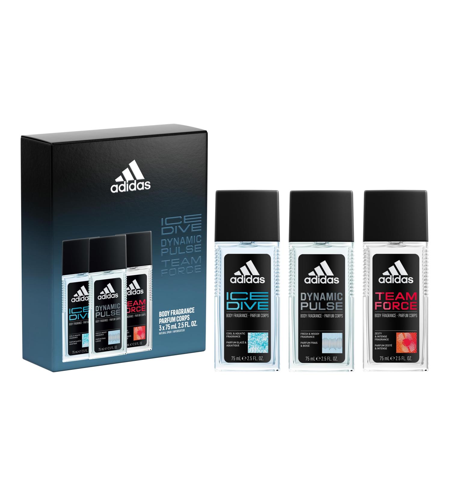 adidas Multiline 3 Piece Gift Set Ice Dive Dynamic Pulse and Team Force Men's Fragrance Long Lasting Sporty Fragrance 2.5 Fl Oz (Pack of 3) Deo Natural Spray Multi 3PC