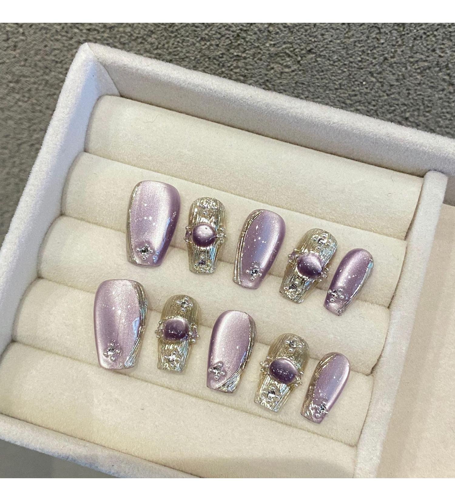 Purple Handmade Nail Patches Satin Cat's Eye Nails Art Nail Patches Detachable Manicure Patches Fake Nails(XS) - Buy Online on GoSupps.com