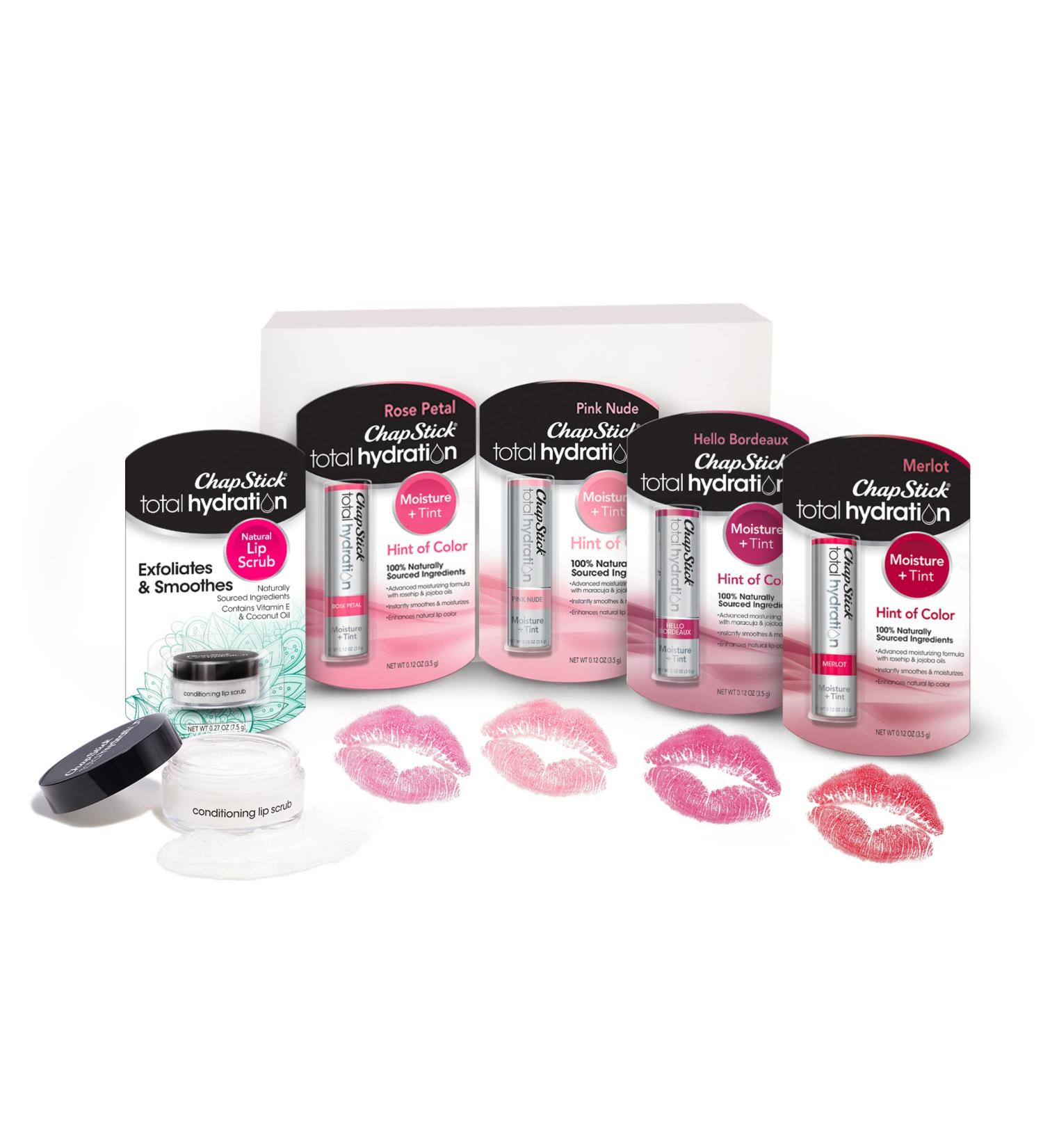 ChapStick Total Hydration Tinted Lip Balm Tubes and Lip Scrub Regimen Pack - 4 Count Lip Balm and Lip Scrub Combo - Buy Online on GoSupps.com