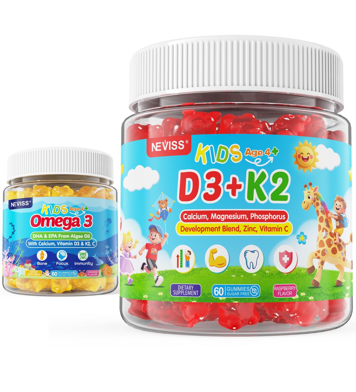 Kids Vitamin D3 K2 Gummies 2 Pack + Omega 3 Gummies for Kids 2 Pack - Buy Online on GoSupps.com