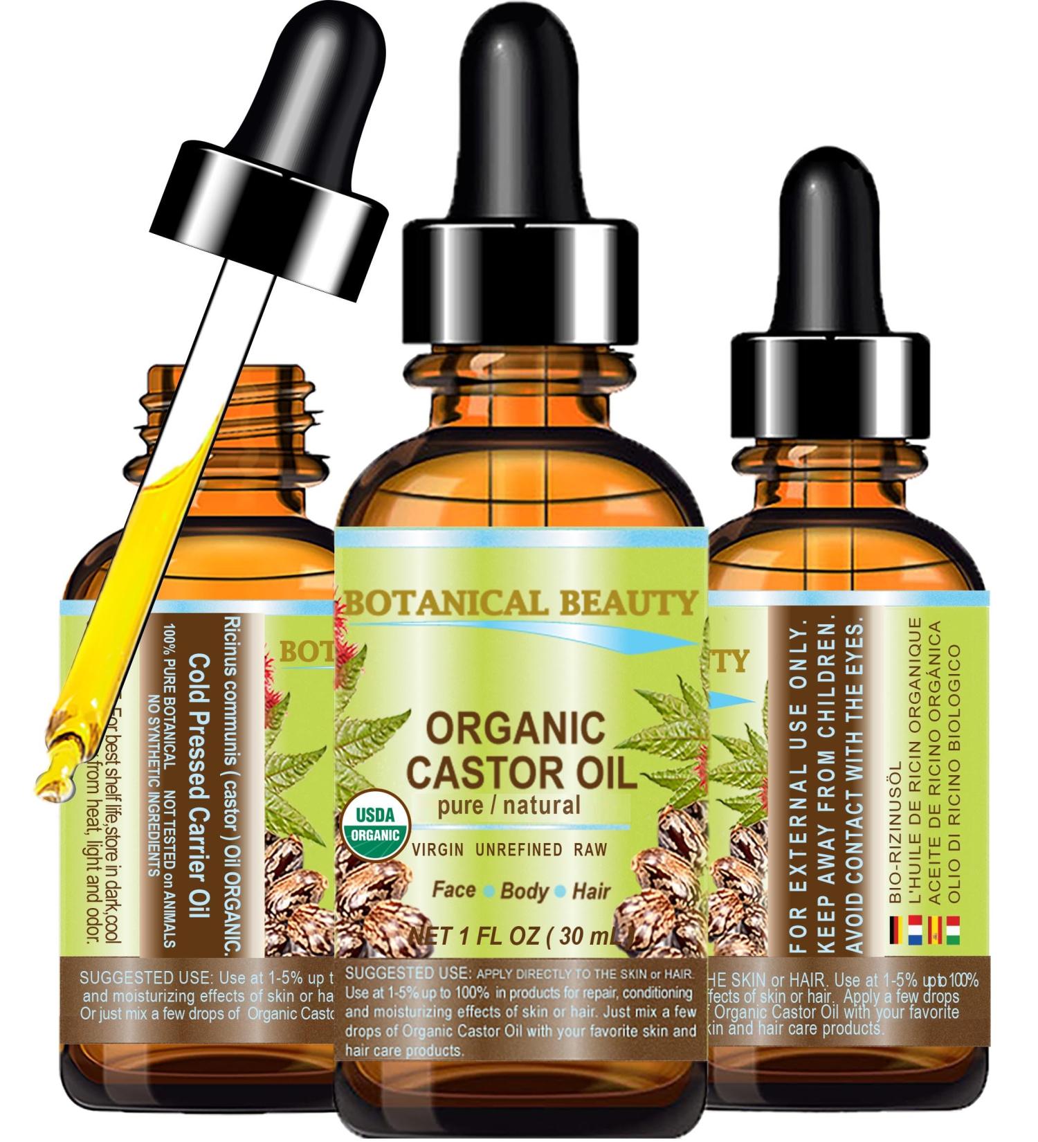 Botanical Beauty Organic Castor Oil 100% Pure Natural Cold Pressed Carrier Oil 1 Fl.oz.- 30 ml. for Face Skin Hair Lashes Brows Nails. - Buy Online on GoSupps.com