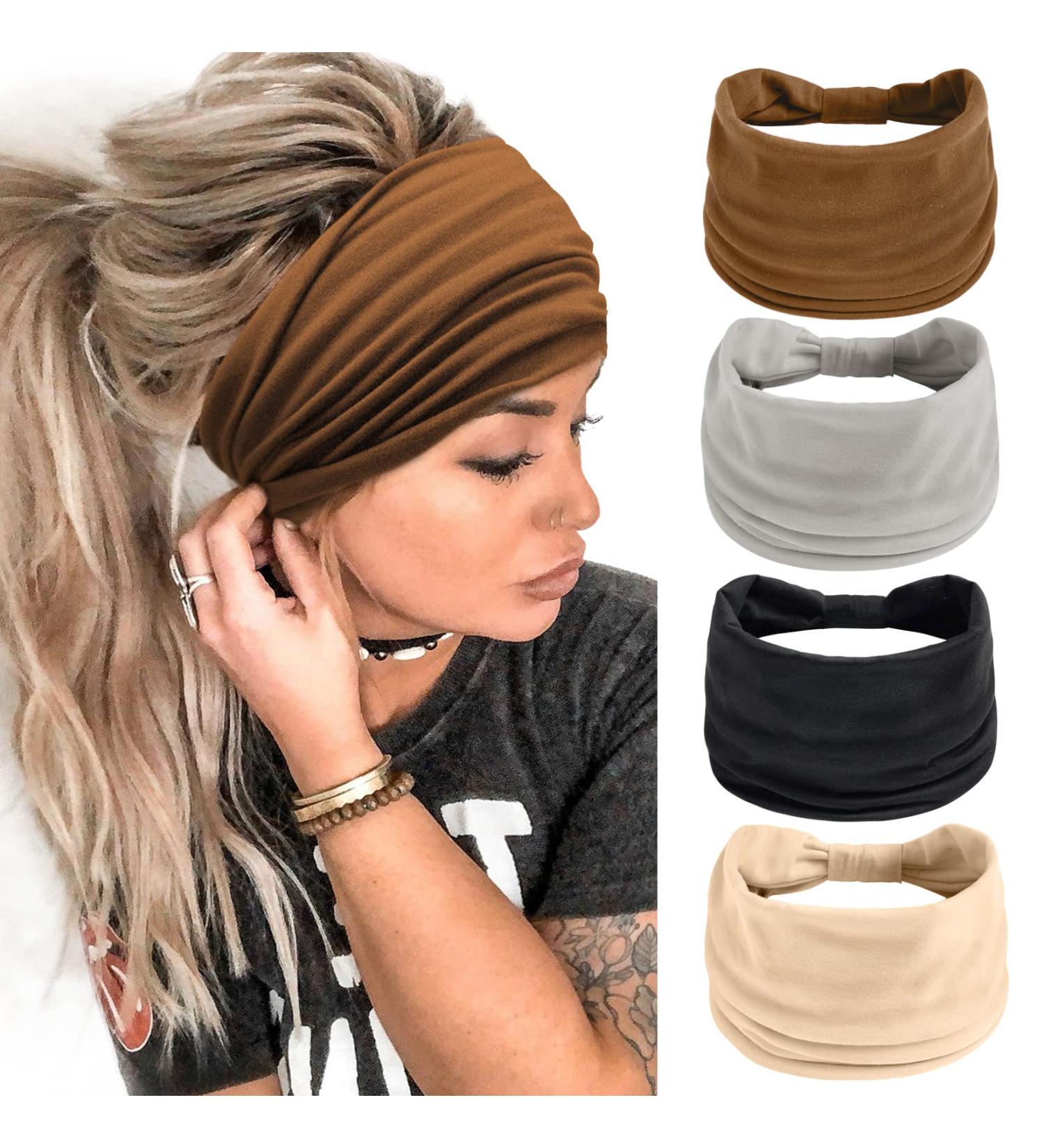 4-Pack Women's Elastic Hair Bands - Boho Knot Head Wraps for Yoga & Running - Single Color - Buy Online on GoSupps.com