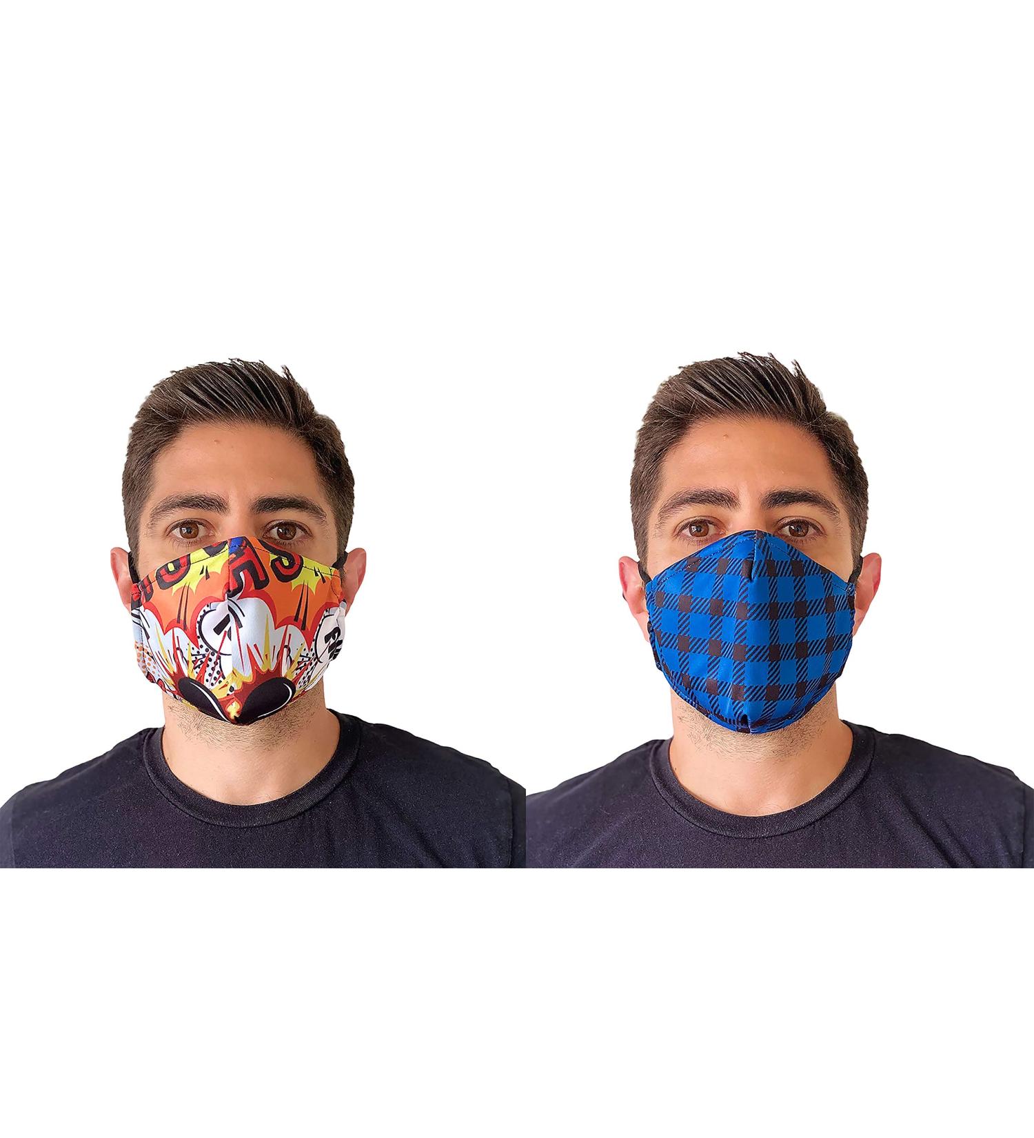FACE MASK ADJUSTABLE REUSABLE DOUBLE LAYER WITH FILTER POCKET (PACK OF 2) (COMIC STRIP & NAVY BUFFALO CHECK)