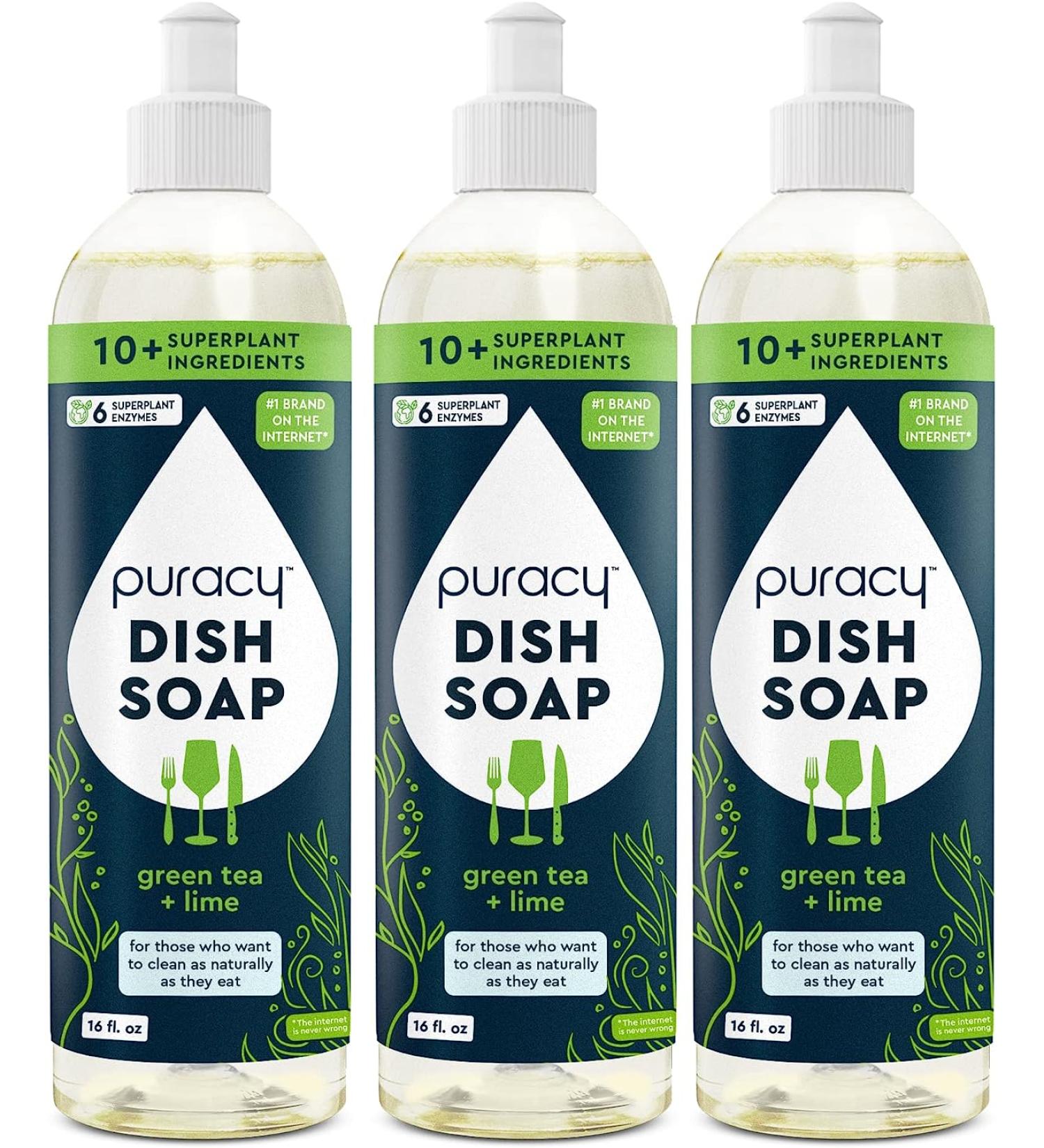 Puracy Green Tea & Lime Dish Soap - 16 Ounce (3-Pack) | Plant-Based & Sulfate-Free Dishwashing Detergent - Buy Online on GoSupps.com