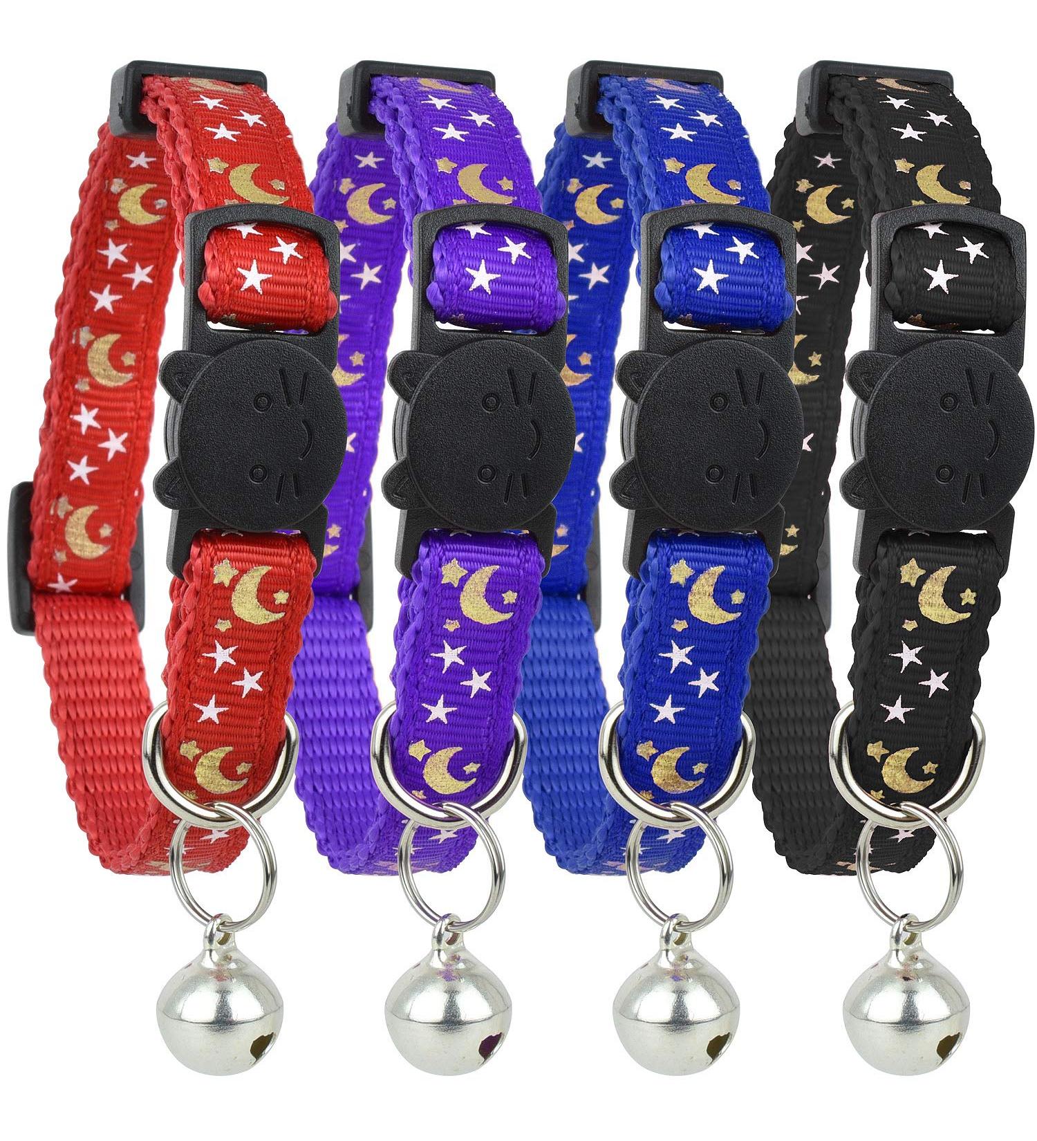 Cat Collar Stars & Moon 4-Pack - Reflective with Bell, Safe Nylon Breakaway Collars for Cats - Free Replacement - Black/Red/Blue/Purple - Buy Online on GoSupps.com