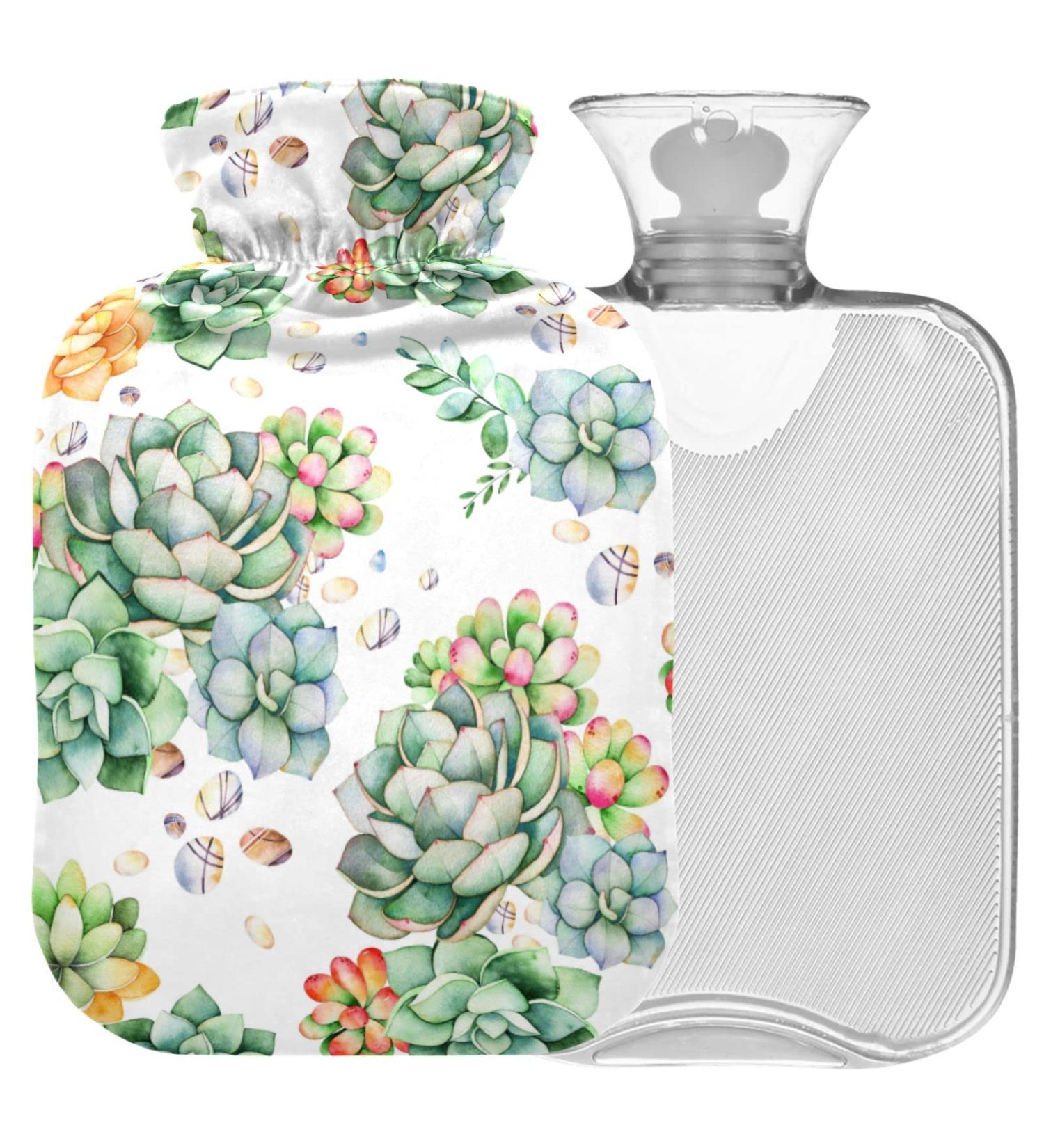 NAANLE 2L Hot Water Bottle with Cover - Watercolor Succulents Design for Menstrual Cramps Pain Relief Hand & Foot Therapy - Heat & Cold Pack - Buy Online on GoSupps.com