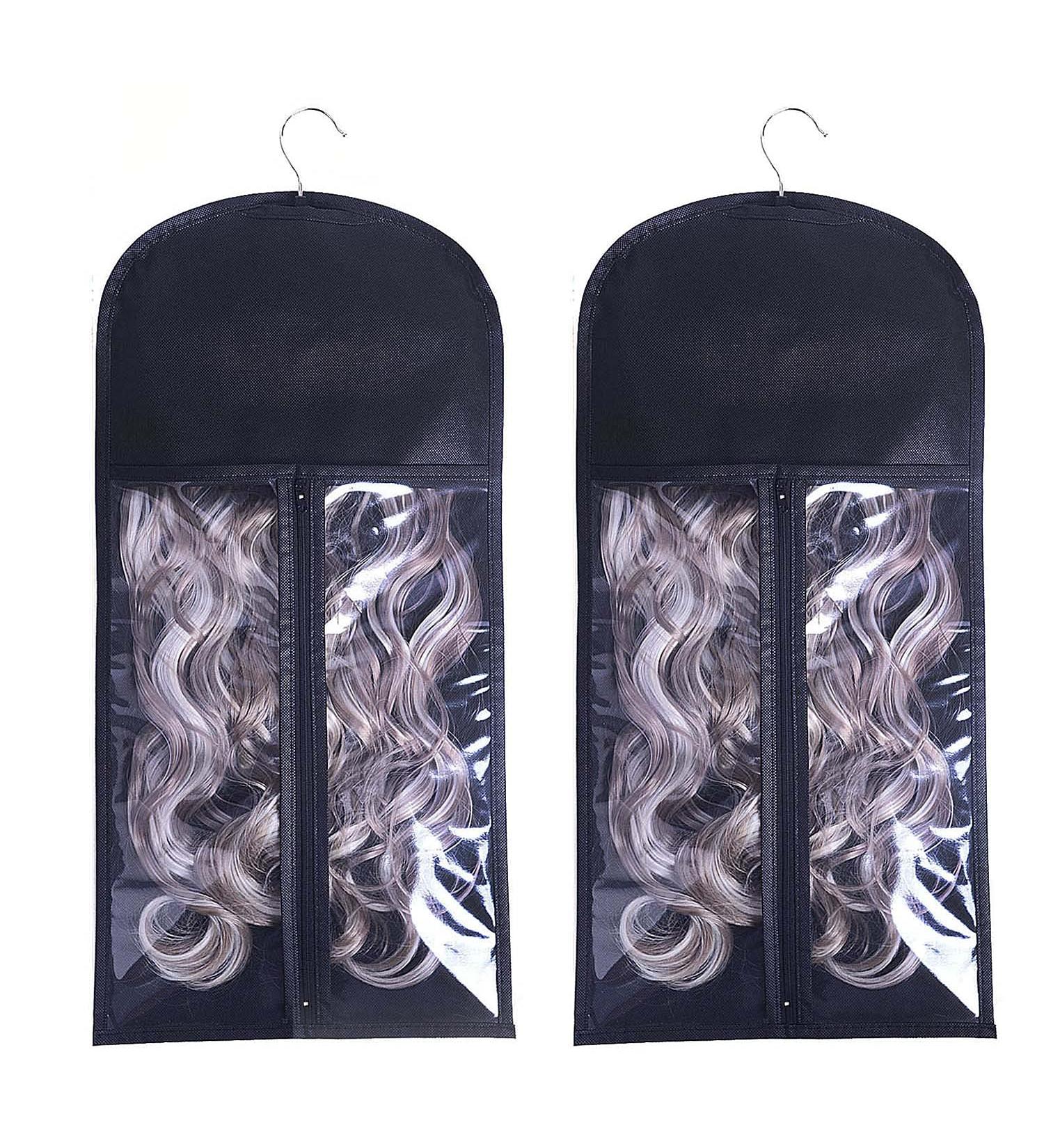 2PCS Portable Hair Extension Holder with Wooden Hanger - Dust-proof Storage Bags for Human Hair and Wigs (Black) - Buy Online on GoSupps.com
