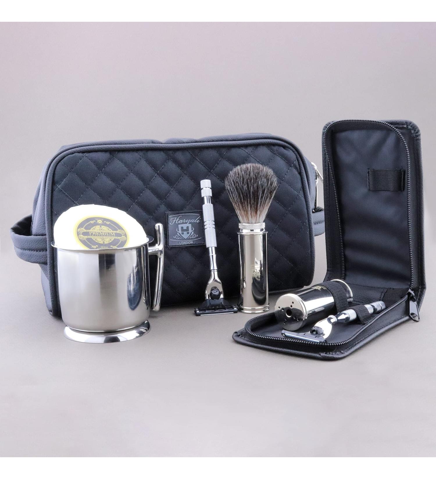 Haryali London travel rasier set with leather culture bag and bag travel protection 3 razor synthetic black hair shaving soap and stainless steel bowl