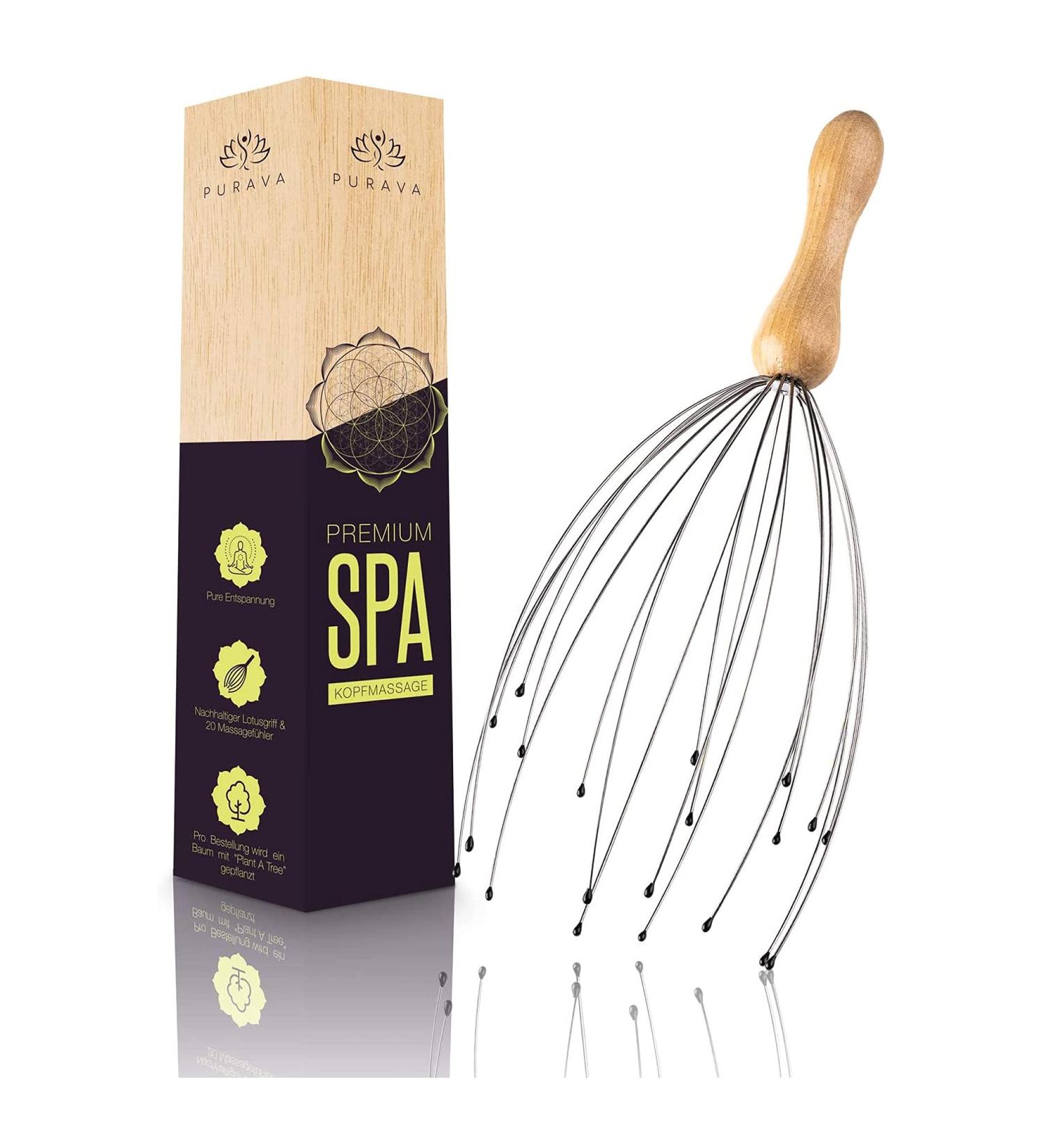 Premium PURAVA Head Massager with 20 Finger Scalp Scratcher for Relaxation - Wood Handled Massage Tool - Buy Online on GoSupps.com