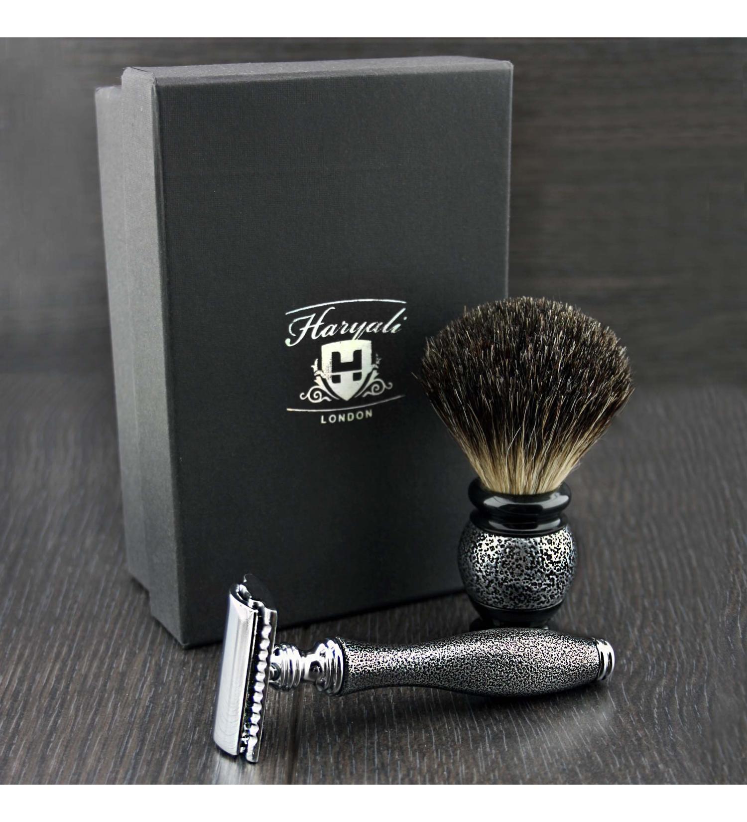 DE Safety Razor & Black Badger Hair Brush - Premium Men's Shaving Set with Antique Design - Buy Online on GoSupps.com