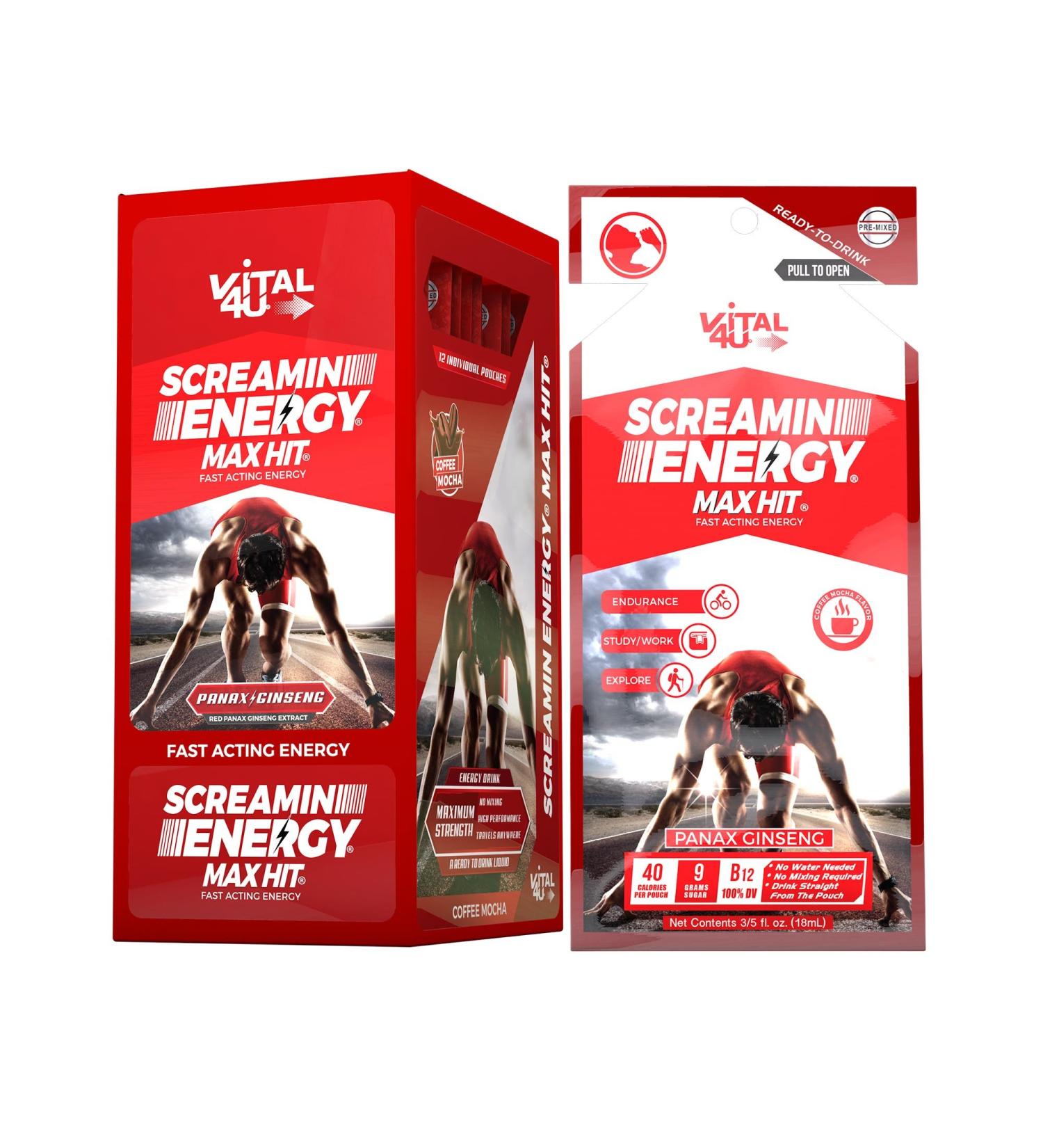 Screamin Energy Max Hit - 24 Ct Maximum Strength Energy Shot with Ginseng, Caffeine & Coffee Mocha - Buy Online on GoSupps.com