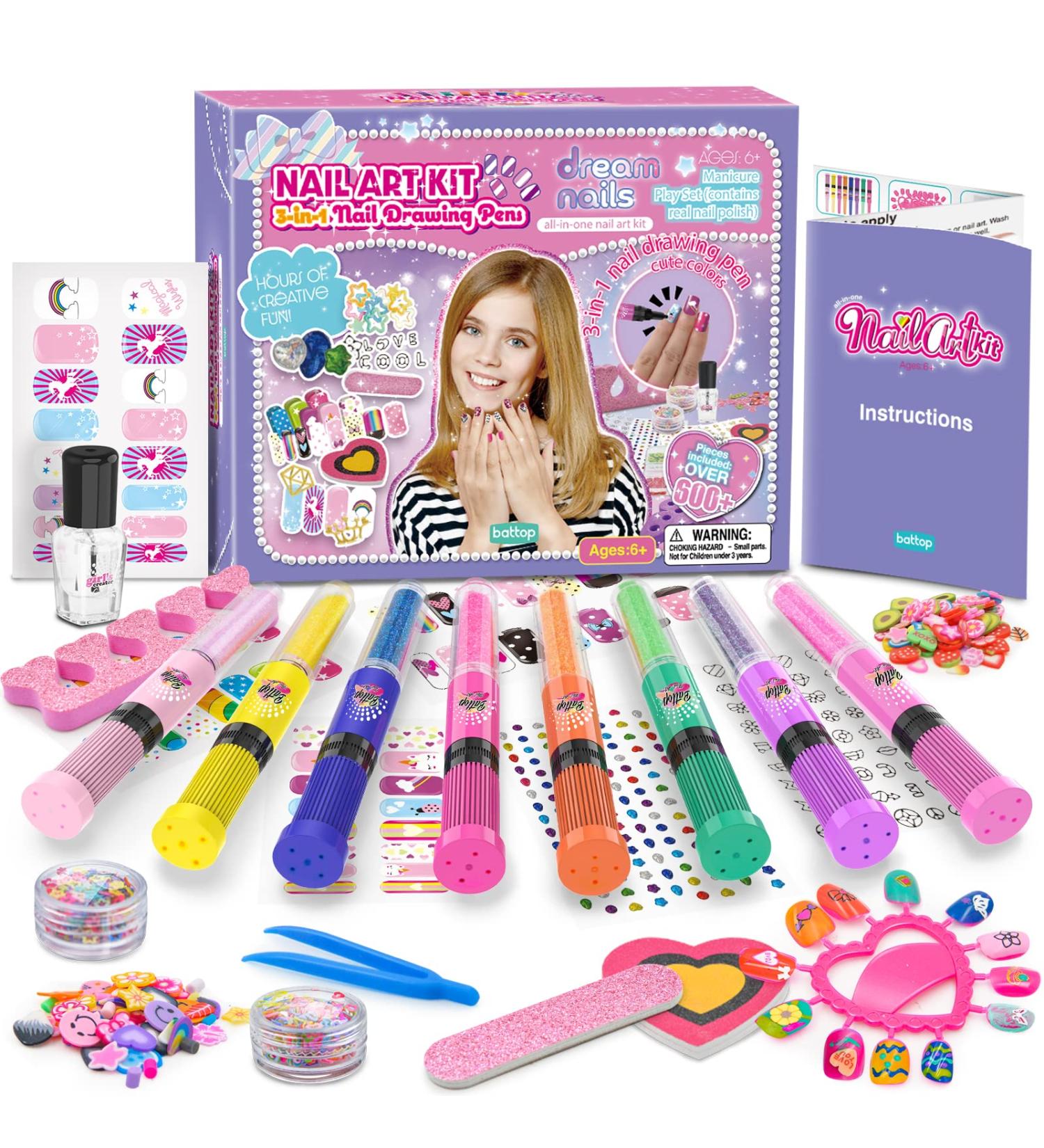 BATTOP Kids Nail Polish Set for Girls | Nail Art Kit Ages 7-15 | 3 in 1 Pen Combo with Glitter & 3D Decorations - Buy Online on GoSupps.com