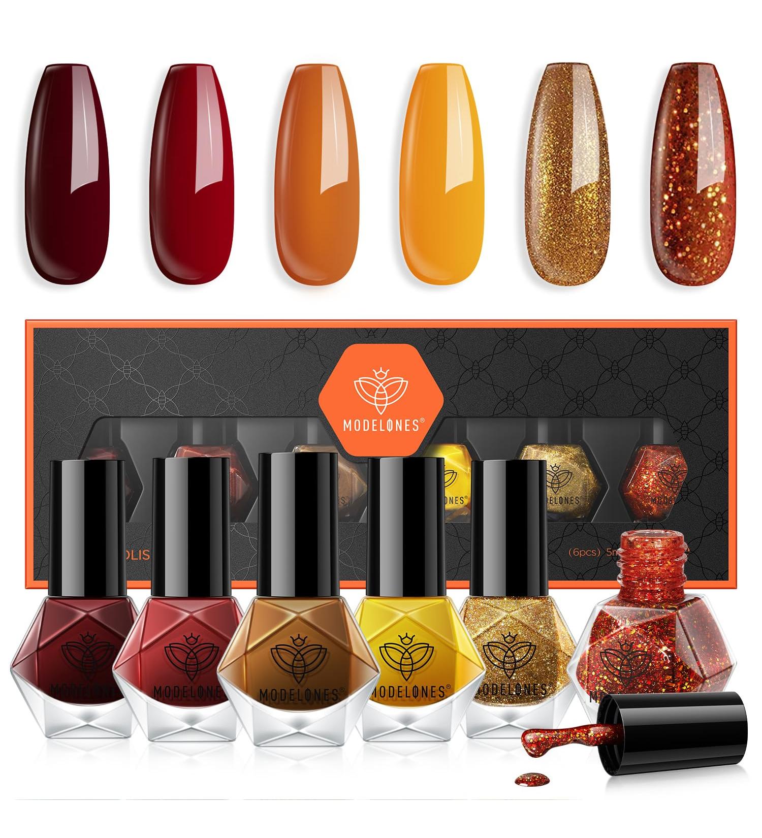 Modelones Nail Polish Set 6 Colors Autumn Winter Gold Glitter Red Nail Polish Orange Yellow Quick Dry Nail Varnish Finger Nail Polish Manicure DIY Nail Art Salon Home For Women Red Orange - Buy Online on GoSupps.com